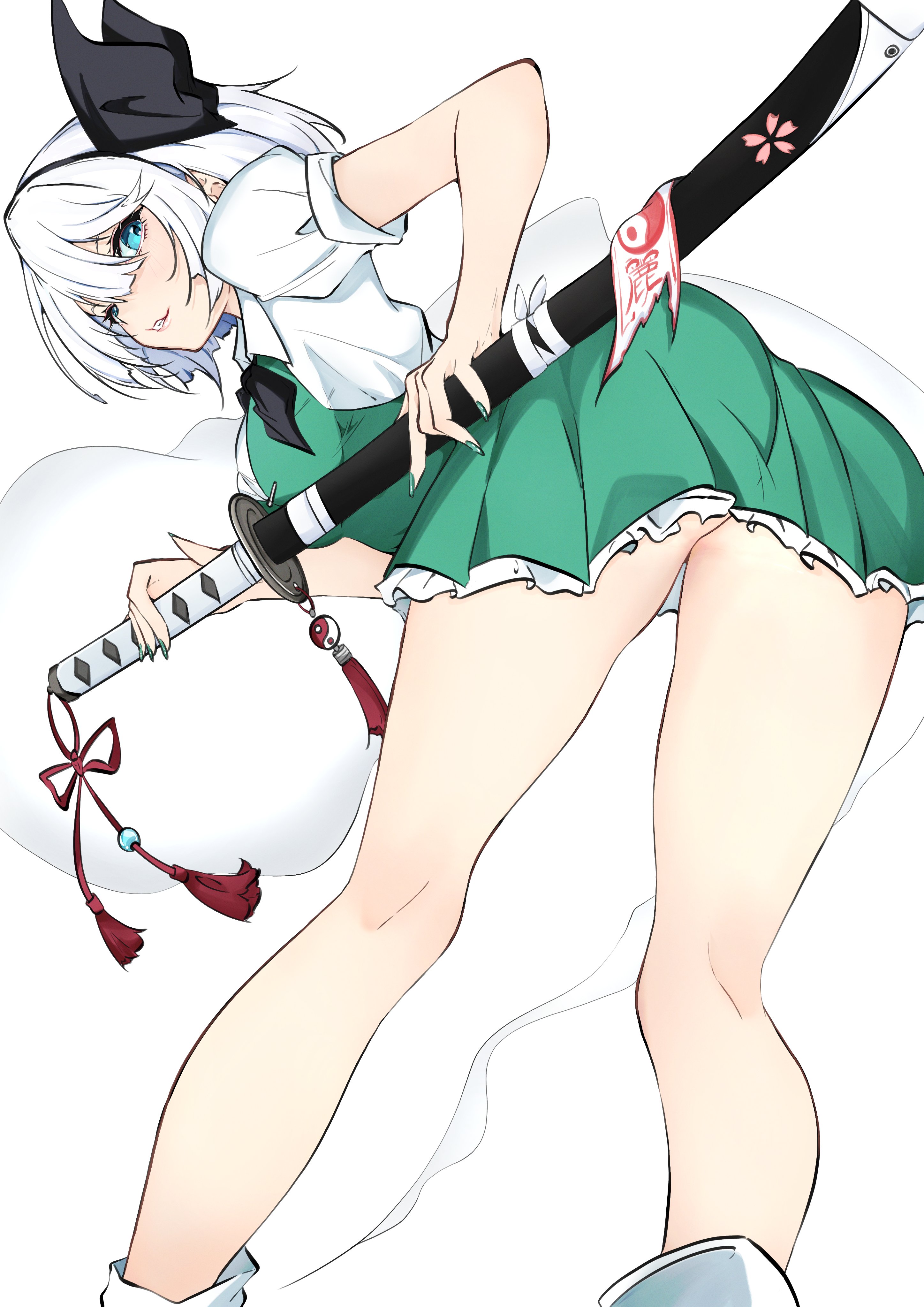 unanooo (fthx7532), konpaku youmu, touhou, absurdres, highres, 1girl, black bow, blue eyes, bow, ghost, ghost tail, green skirt, hair bow, hair ornament, katana, looking at viewer, miniskirt, scabbard, sheath, shirt, short hair, short sleeves, skirt, solo, sword, tassel, weapon, white hair