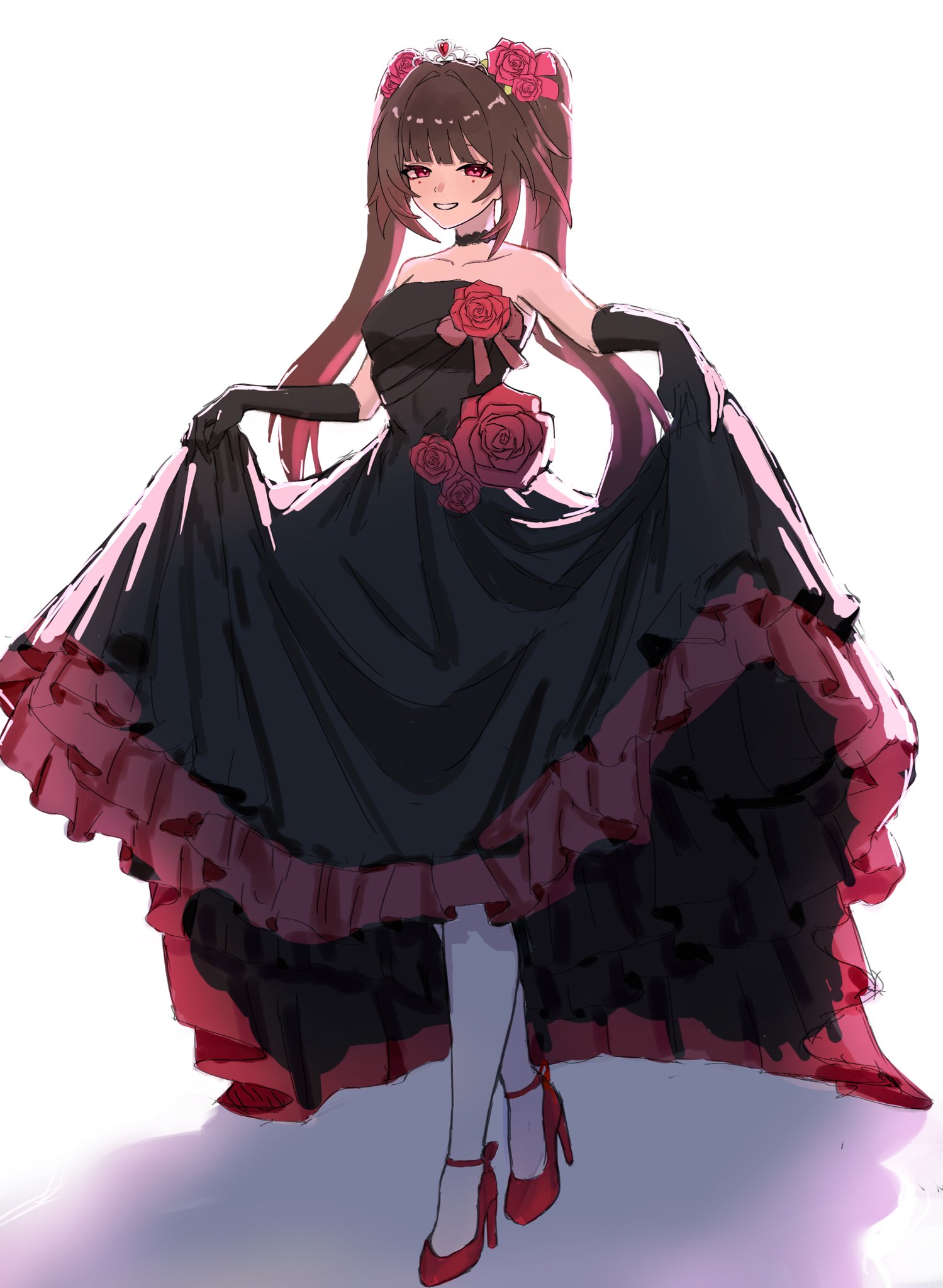 oimo imonium, sparkle (honkai: star rail), honkai: star rail, honkai (series), highres, 1girl, black dress, brown hair, choker, dress, flower, frills, gloves, grin, hair flower, hair ornament, high heels, red eyes, red flower, red rose, rose, sleeveless, smile, tiara, twintails, white background