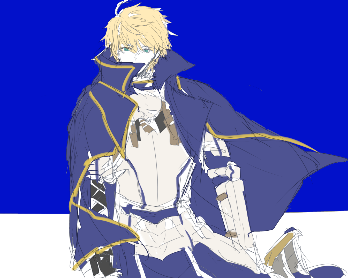 ebi (6 5), arthur pendragon (fate), fate/grand order, fate (series), 1boy, ahoge, armor, blonde hair, blue background, blue cape, blue eyes, blue robe, blue shirt, breastplate, cape, covered mouth, excalibur (fate/prototype), faulds, floating cape, full armor, gauntlets, hair between eyes, holding, holding sword, holding weapon, long sleeves, looking at viewer, male focus, pauldrons, robe, shirt, short hair, shoulder armor, solo, standing, sword, two-tone background, weapon, white armor, white background