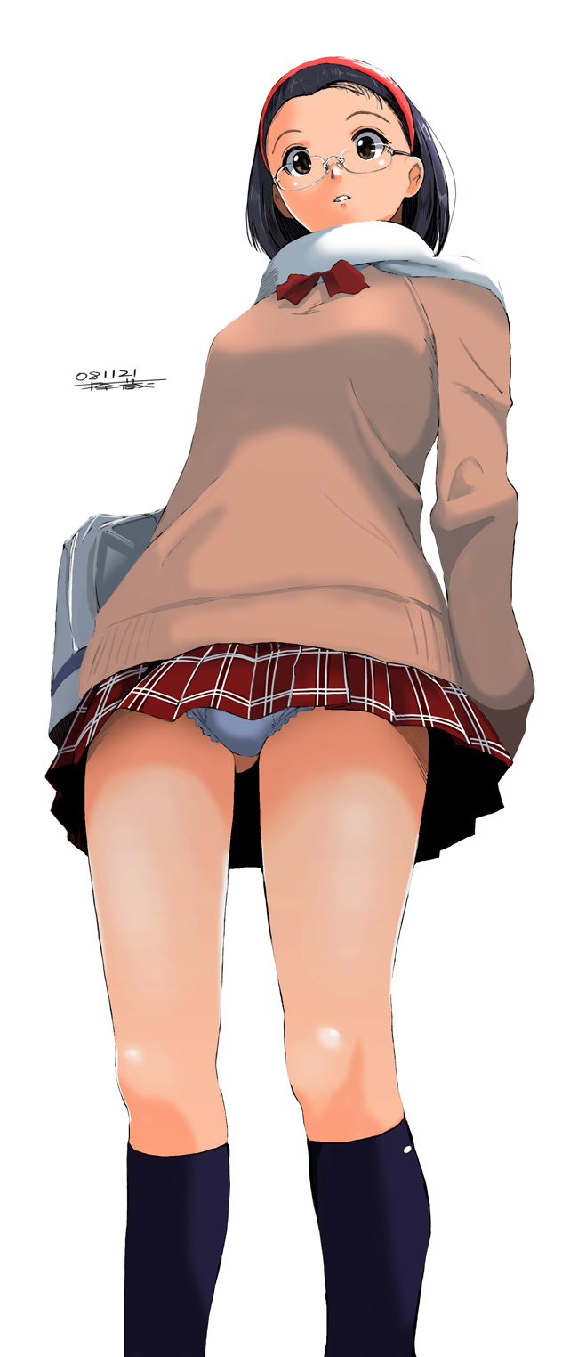 ryouzou, original, highres, black hair, blue hair, brown eyes, from below, glasses, hairband, looking down, miniskirt, panties, pantyshot, plaid clothes, plaid skirt, scarf, short hair, simple background, skirt, socks, solo, sweater, underwear, upskirt
