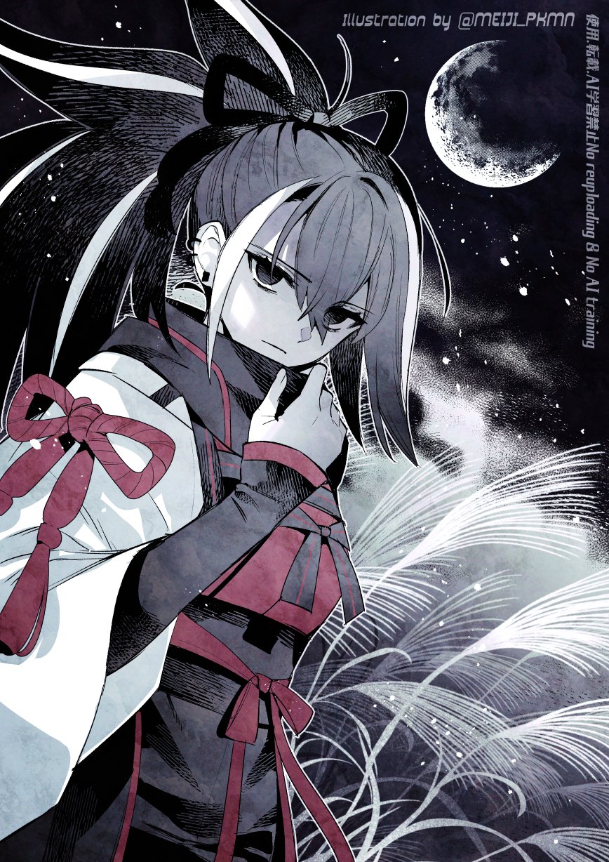 meiji ken, kawakami gensai (fate), fate/grand order, fate (series), highres, 1girl, breasts, cropped shirt, greyscale, high-waist shorts, long hair, long sleeves, looking at viewer, medium breasts, monochrome, moon, multicolored hair, night, night sky, ponytail, red shirt, scarf, shirt, shorts, sidelocks, sky, solo, spot color, streaked hair, wide sleeves