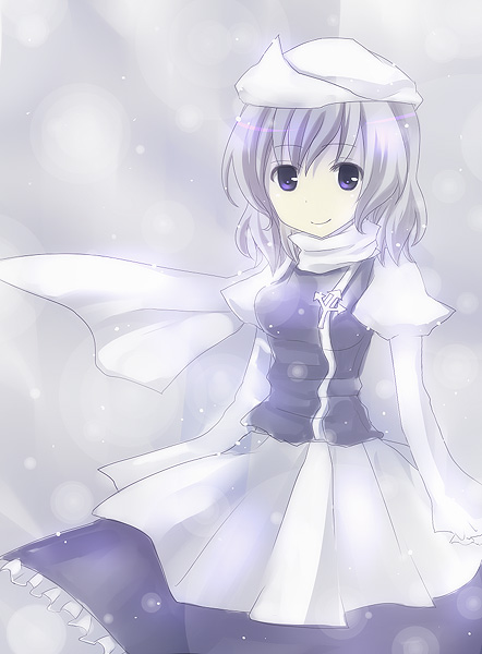 yukishiro mafuyu, letty whiterock, touhou, silver hair, 1girl, apron, beret, blue dress, dress, expressionless, female focus, grey background, hat, long sleeves, looking at viewer, simple background, snowing, solo, waist apron