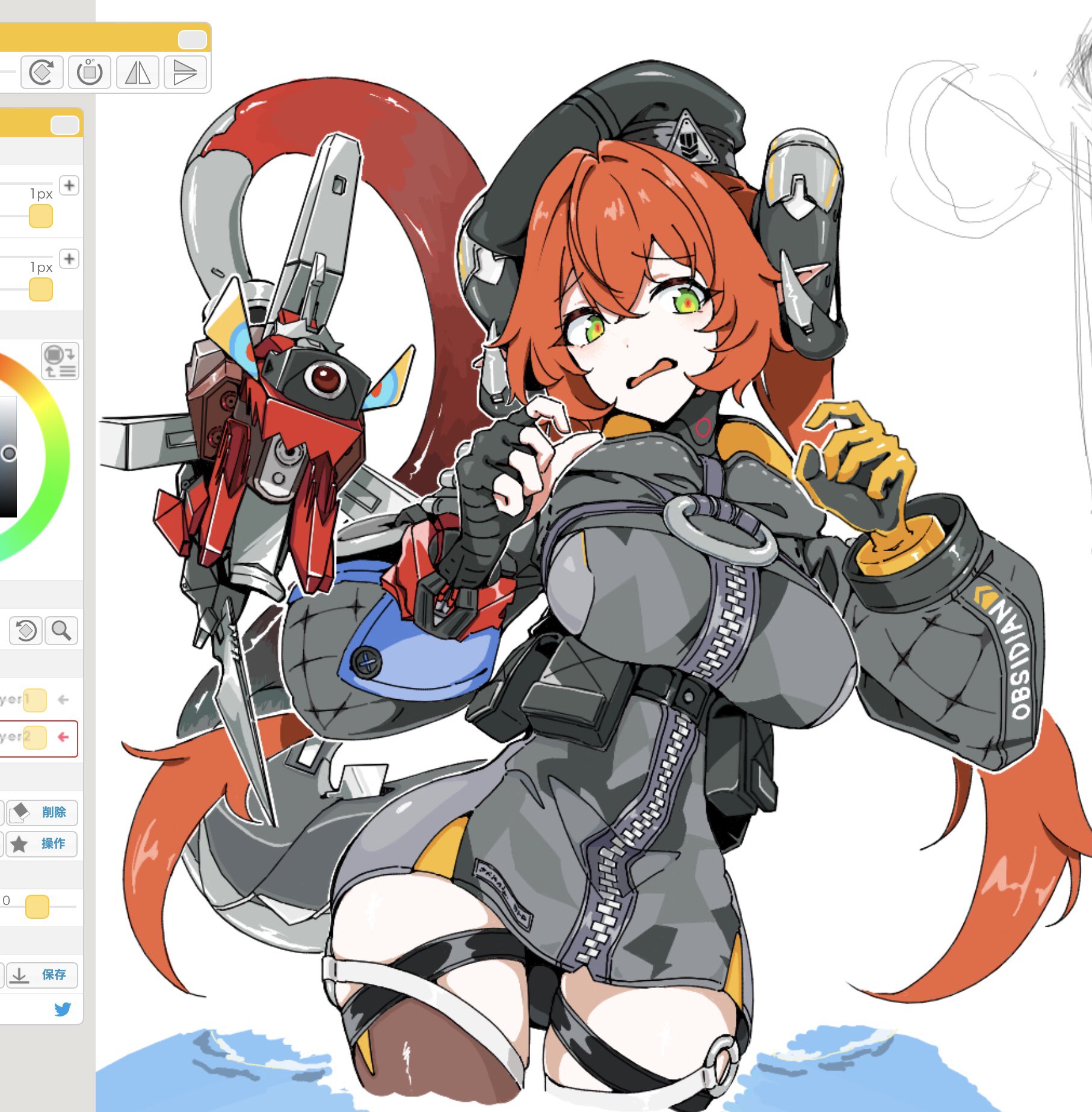 uni gyoza, magus (zenless zone zero), orphie magnusson, zenless zone zero, highres, 1girl, art program in frame, curled horns, gloves, hat, hood, hoodie, horns, knife, mechanical horns, orange hair, pointy ears, solo, tail, thighhighs, twintails, white background, zipper