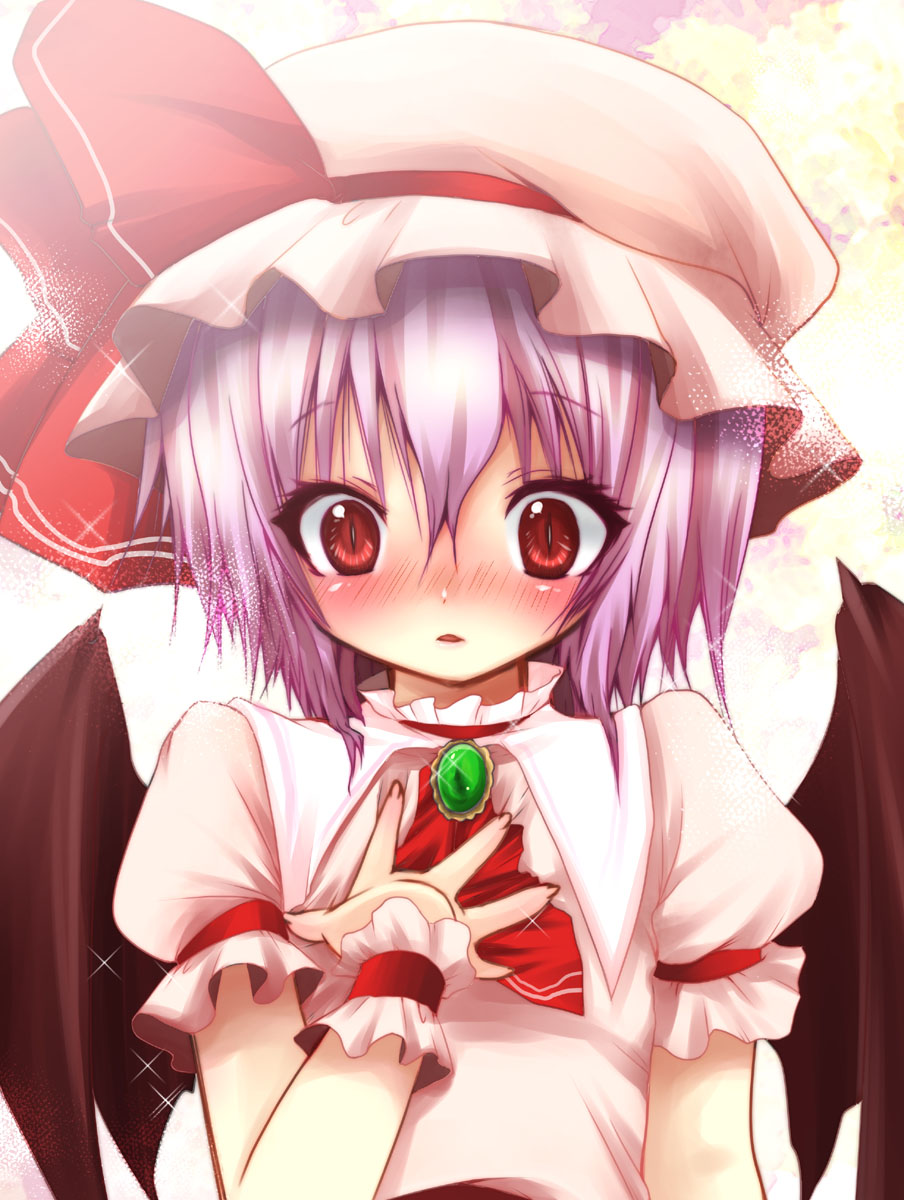 fujisaki hikari, remilia scarlet, touhou, light purple hair, highres, 1girl, blush, female focus, hand on another's chest, hand on own chest, jewelry, red eyes, slit pupils, solo, sparkle, upper body, wings, wrist cuffs