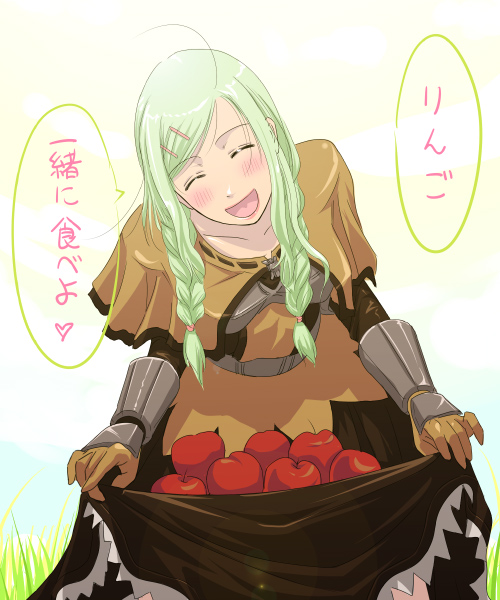 mr.romance, swordsman (ragnarok online), ragnarok online, translated, 1girl, apple, armor, blush, braid, closed eyes, clothes lift, female focus, food, fruit, gauntlets, green hair, hair ornament, hairclip, head tilt, japanese text, leaning forward, long hair, open mouth, skirt, skirt lift, smile, solo, twin braids