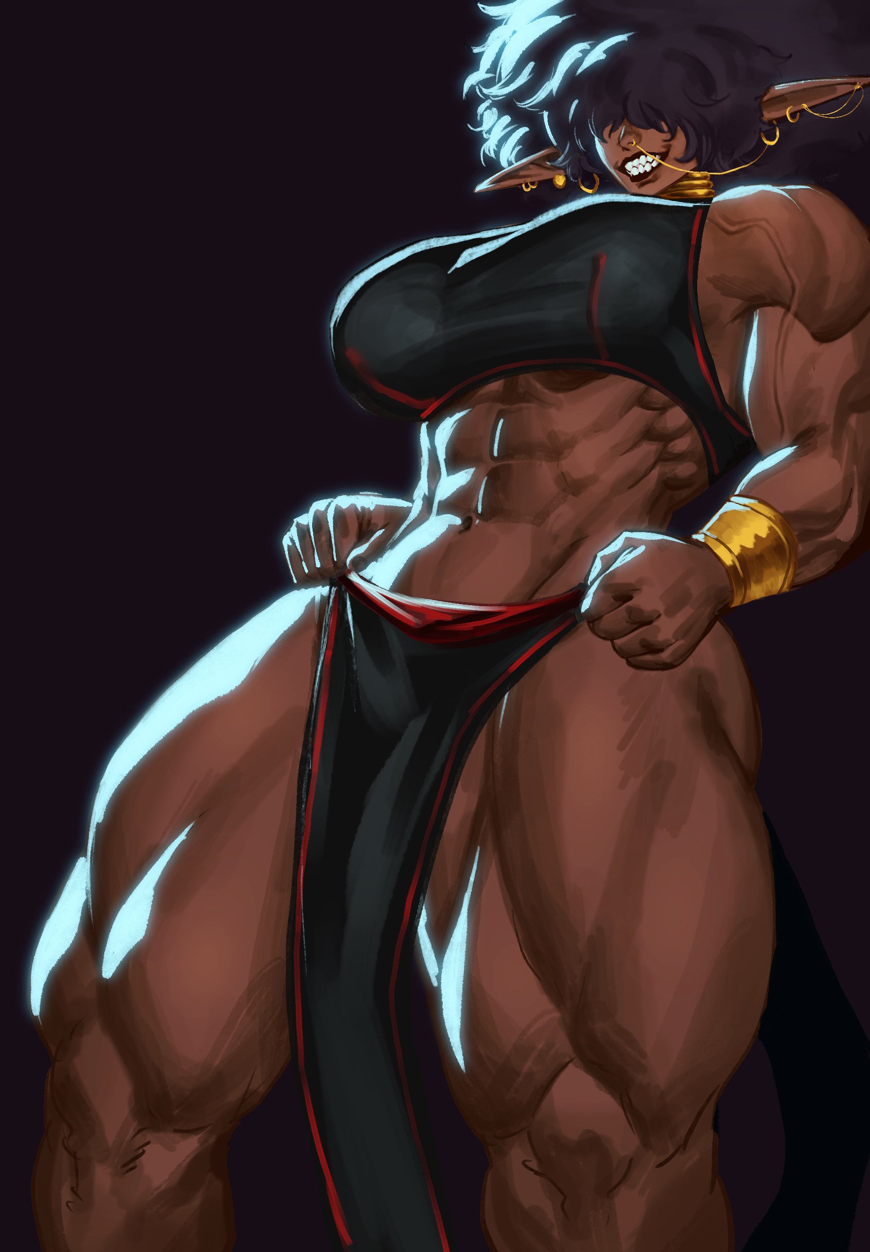venommoe, virgoart, original, gold armlet, absurdres, highres, 1girl, abs, armlet, bangle, bare shoulders, biceps, bracelet, breasts, choker, curly hair, dark skin, earrings, face piercing, from below, gold bracelet, gold choker, hair over eyes, jewelry, large breasts, loincloth, looking at viewer, muscular, muscular female, nose piercing, nose ring, obliques, pelvic curtain, piercing, pointy ears, ring piercing, sharp teeth, simple background, smile, tall female, teeth, thick thighs, thighs