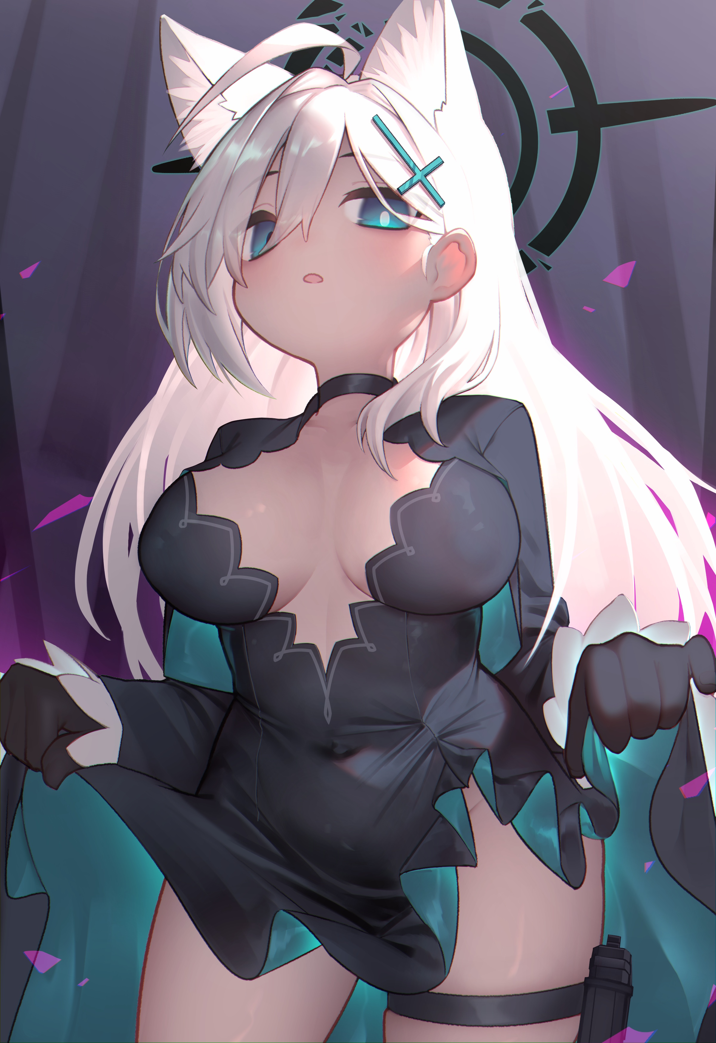 akuma (st.takuma), shiroko terror (blue archive), blue archive, absurdres, commentary, highres, 1girl, animal ear fluff, animal ears, black dress, blue eyes, breasts, cleavage, clothes lift, dress, dress lift, lifting own clothes, long hair, looking at viewer, medium breasts, simple background, solo, white background, wolf ears
