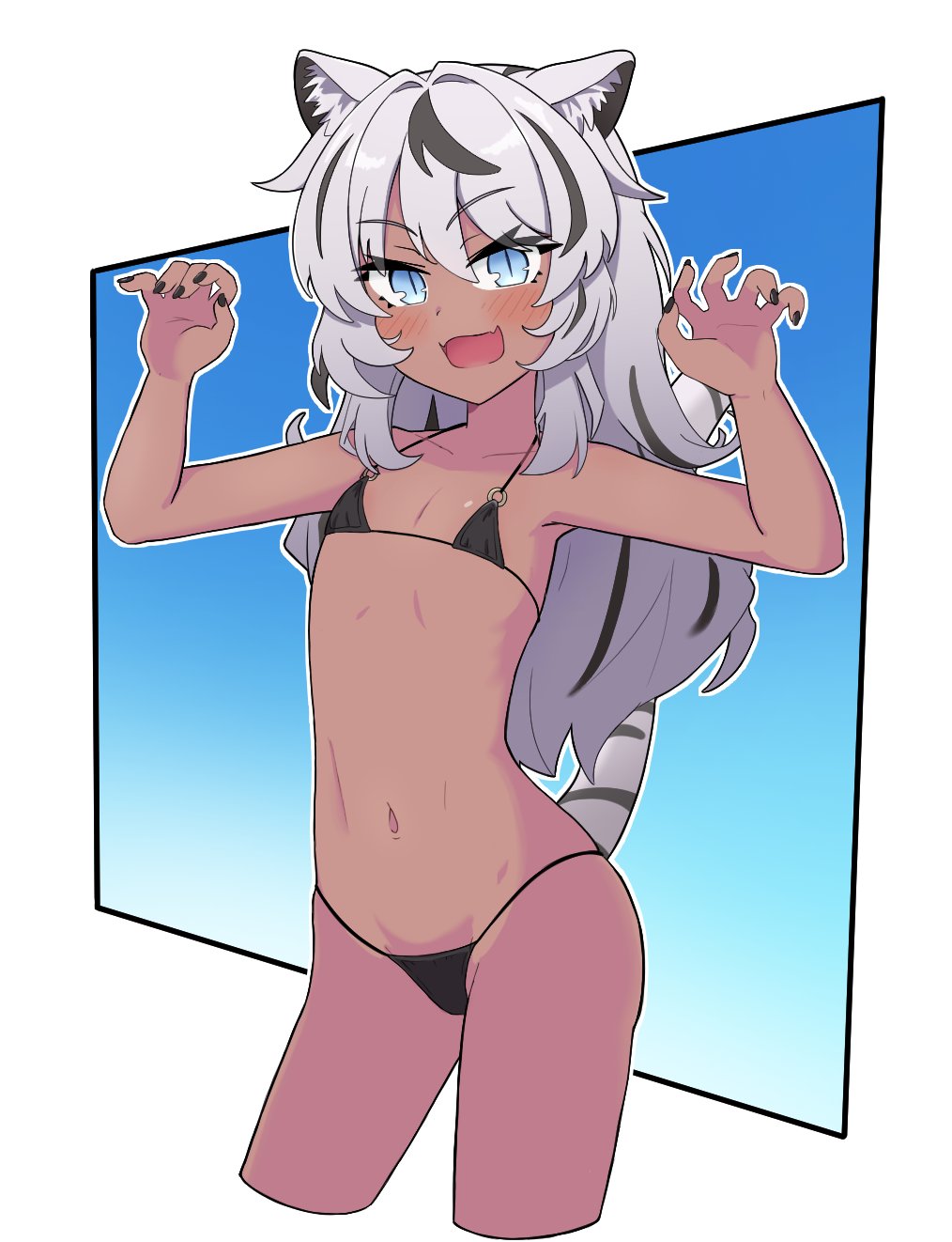 lurkingkaos, gaomi goro, stellarversepro, highres, 1girl, :d, animal ears, bikini, black bikini, black hair, blue eyes, claw pose, dark-skinned female, dark skin, flat chest, grey hair, long hair, looking at viewer, multicolored hair, navel, open mouth, smile, stomach, streaked hair, string bikini, swimsuit, tail, tiger ears, tiger girl, tiger tail, two-tone hair, virtual youtuber