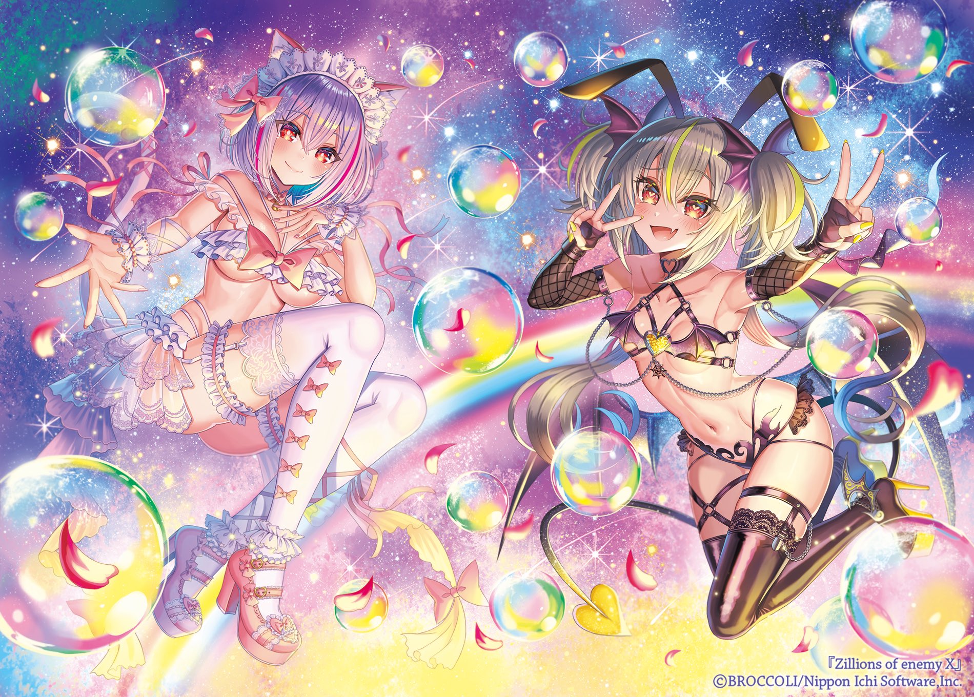 madopen, z/x, highres, official art, 2girls, animal ears, aqua hair, bikini, black boots, blonde hair, bondage outfit, boots, bow, bow legwear, breasts, bubble, cat ears, closed mouth, colored inner hair, copyright notice, demon tail, demon wings, double v, fang, frilled bikini, frills, grey hair, hair bow, hastur (z/x), heart, heart-shaped pupils, high heel boots, high heels, large breasts, maid headdress, multicolored hair, multiple girls, navel, open mouth, orange hair, pink bow, pink shoes, rabbit ears, rainbow, red eyes, red petals, shoes, small breasts, sparkle, swimsuit, symbol-shaped pupils, tail, thigh boots, thighhighs, twintails, v, white bikini, white thighhighs, wings, yato urara
