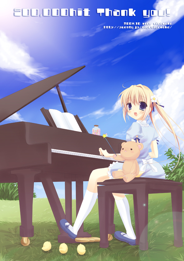 miyasaka miyu, baby animal, bird, blonde hair, blue eyes, chick, cloud, day, grand piano, grass, instrument, long hair, looking back, milestone celebration, outdoors, piano, piano bench, ponytail, shoes, sitting, sky, socks, solo, stuffed animal, stuffed toy, teddy bear, twintails