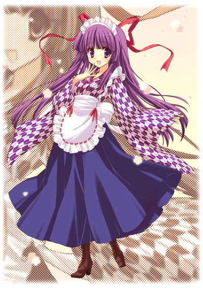 yukiwo, bashamichi, original, brown footwear, cross-laced footwear, 1girl, apron, arrow print, blue hakama, boots, covering own mouth, dress, female focus, hakama, hakama skirt, hand over own mouth, japanese clothes, long hair, maid, maid apron, maid headdress, open mouth, print dress, purple eyes, purple hair, ribbon, shoes, skirt, smile, solo, wa maid, yagasuri, zoom layer