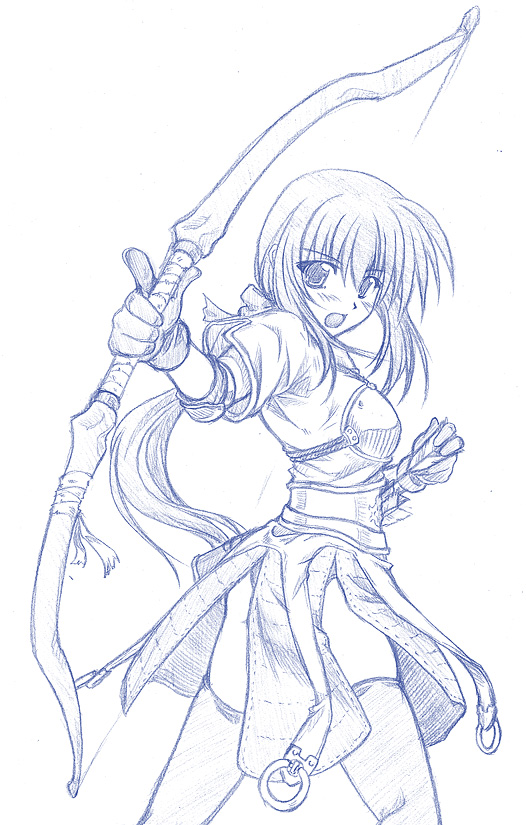 yonekura kihiro, archer (ragnarok online), ragnarok online, 1girl, armor, blue theme, bow, bow (weapon), breastplate, female focus, gloves, monochrome, solo, weapon