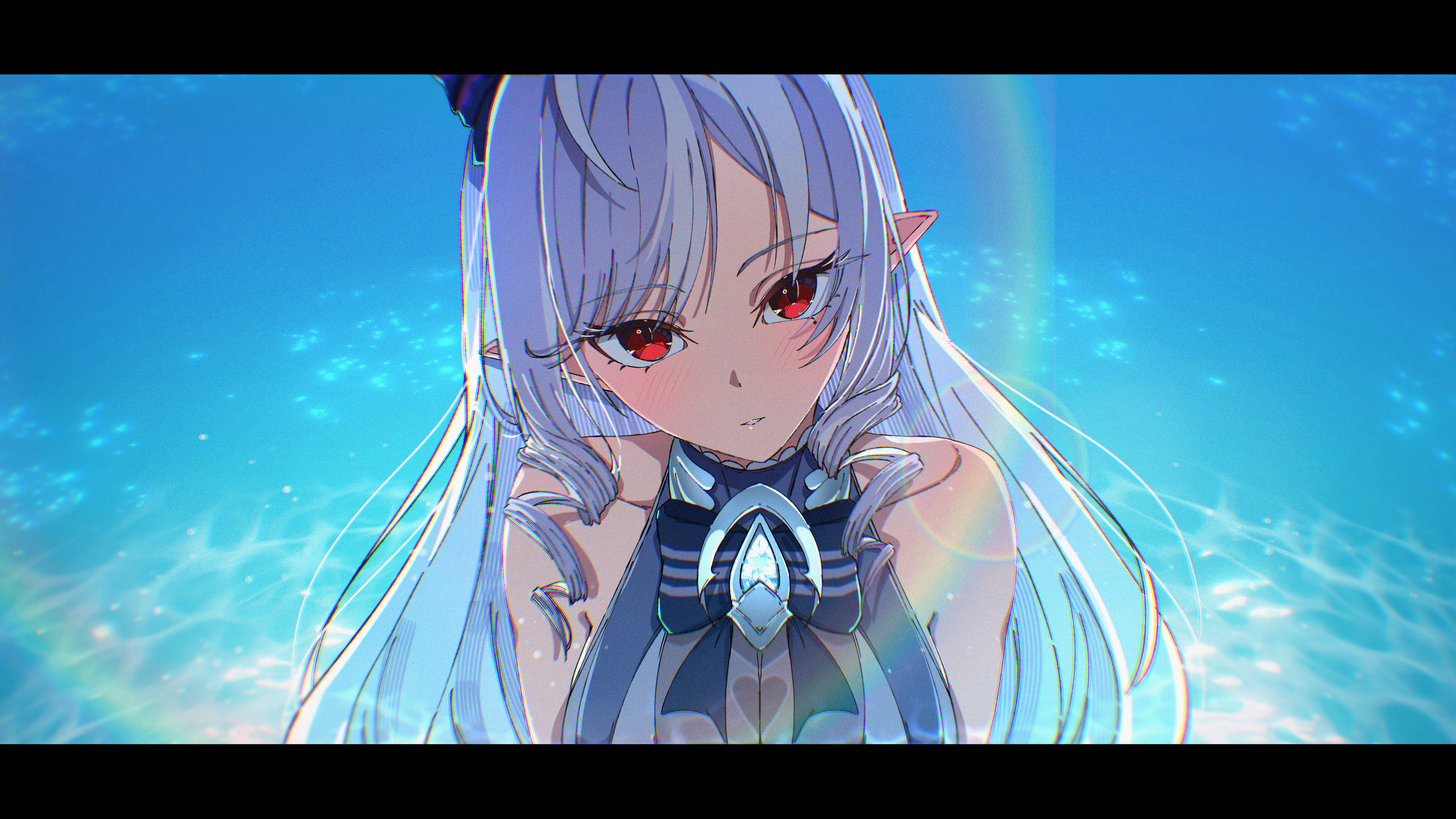 vivian banshee, vivian banshee (iris of the shore), zenless zone zero, absurdres, highres, 1girl, bare shoulders, ganetto29, long hair, looking at viewer, mole, mole under eye, pointy ears, red eyes, solo, swimsuit, very long hair