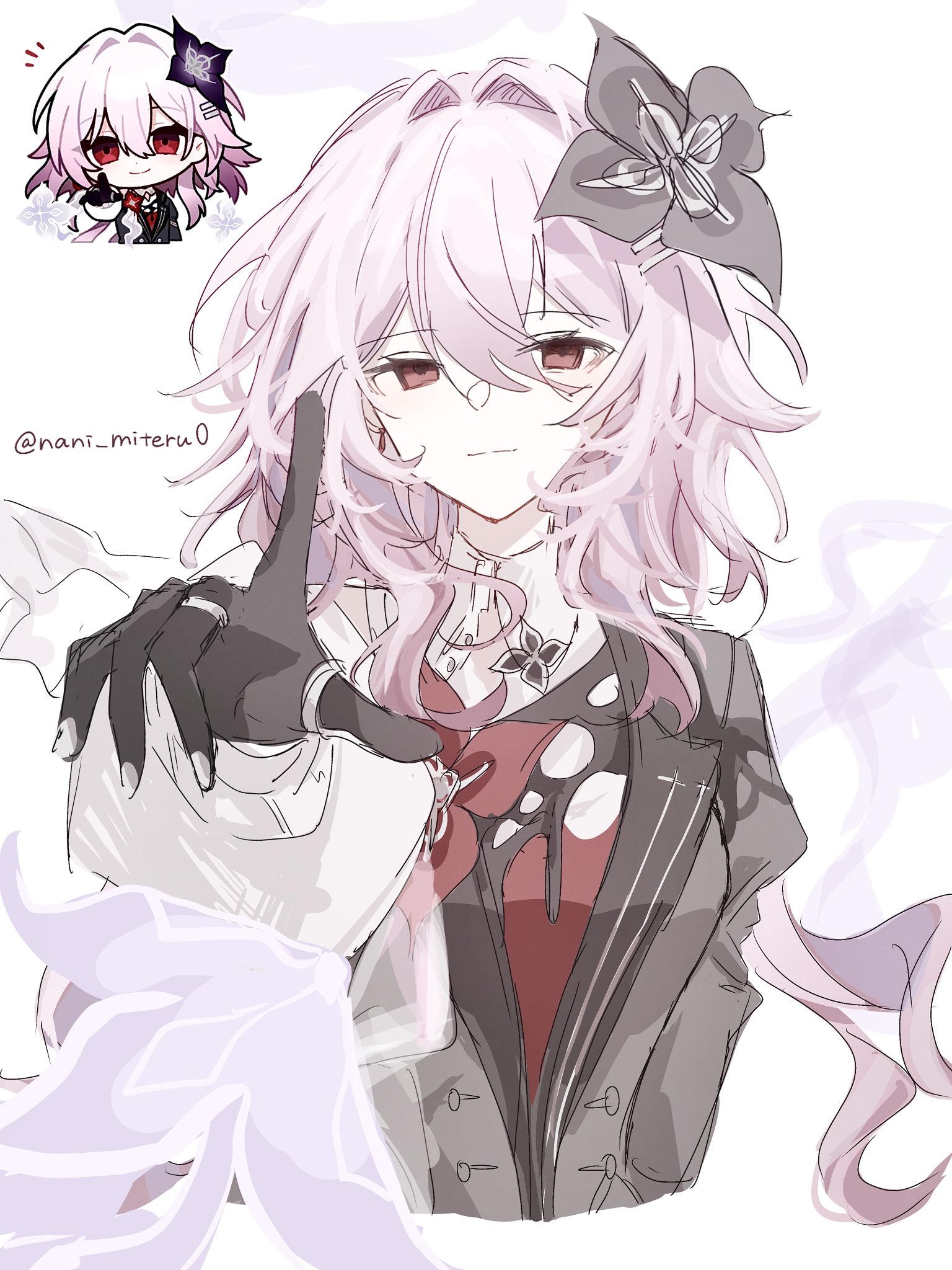 evernight (honkai: star rail), march 7th (honkai: star rail), honkai: star rail, honkai (series), hashtag-only commentary, highres, 1girl, black dress, black flower, black gloves, dress, earrings, flower, gloves, hair between eyes, hair flower, hair intakes, hair ornament, hairclip, jewelry, layered dress, long hair, long sleeves, looking at viewer, low twintails, multiple rings, nani miteru0, parallel hairclips, pink hair, red eyes, reference inset, ring, single earring, smile, solo, twintails, twitter username, upper body, white background, white dress