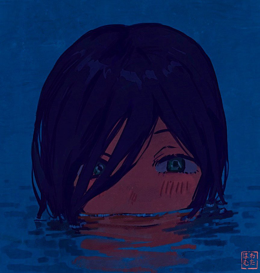 reze (chainsaw man), chainsaw man, 1girl, blush, covered mouth, eye focus, green eyes, in water, looking at viewer, partially submerged, purple hair, ripples, shallow water, signature, solo, u maitta, water, wet