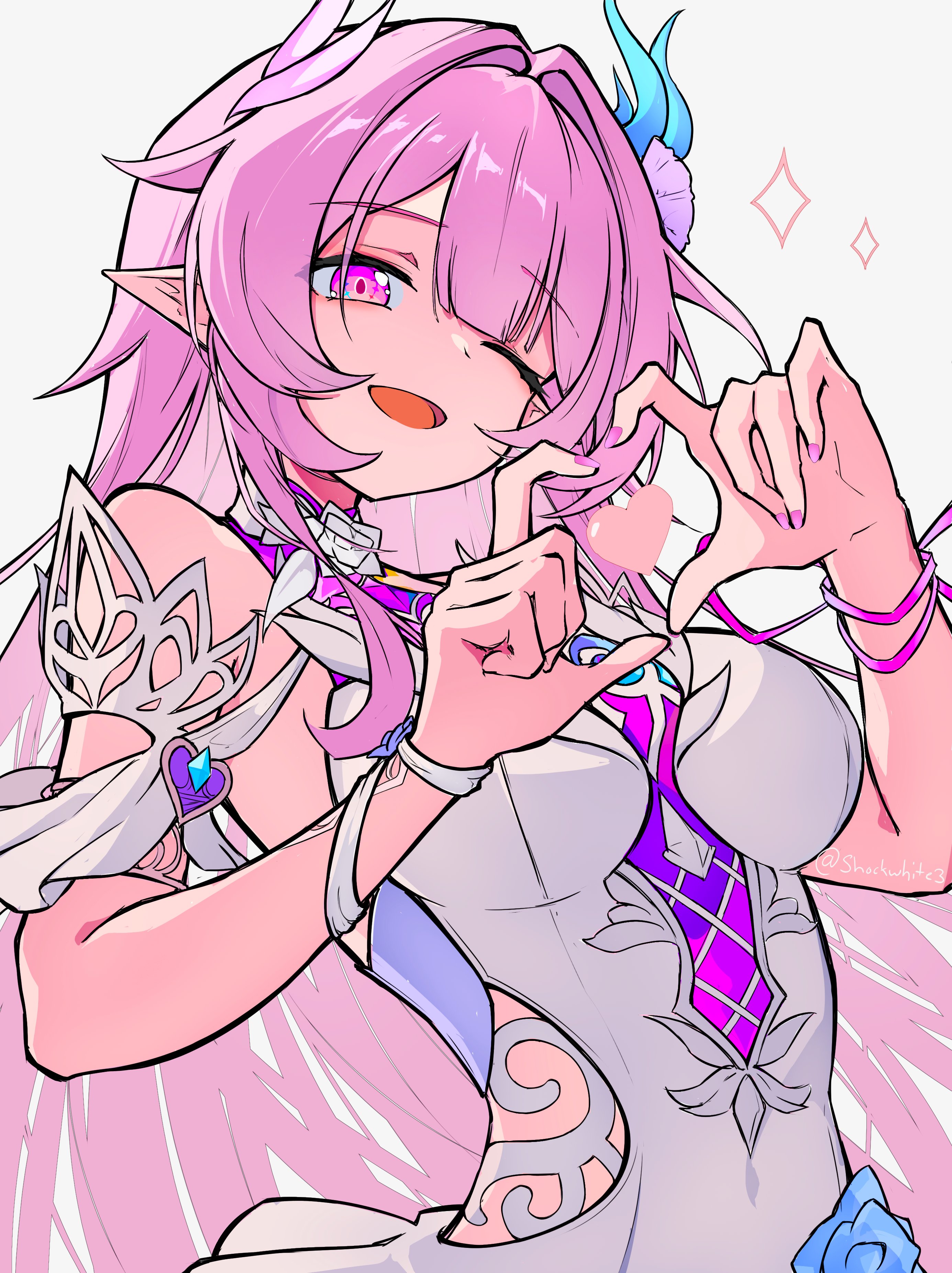 shockwhite3, cyrene (honkai: star rail), cyrene (ripples of past reverie) (honkai: star rail), honkai: star rail, honkai (series), absurdres, commentary, hashtag-only commentary, highres, 1girl, armlet, bare shoulders, breasts, dress, hair intakes, heart, jewelry, long hair, medium breasts, nail polish, one eye closed, open mouth, pink eyes, pink hair, pink nails, pointy ears, simple background, smile, solo, twitter username, white background, white dress