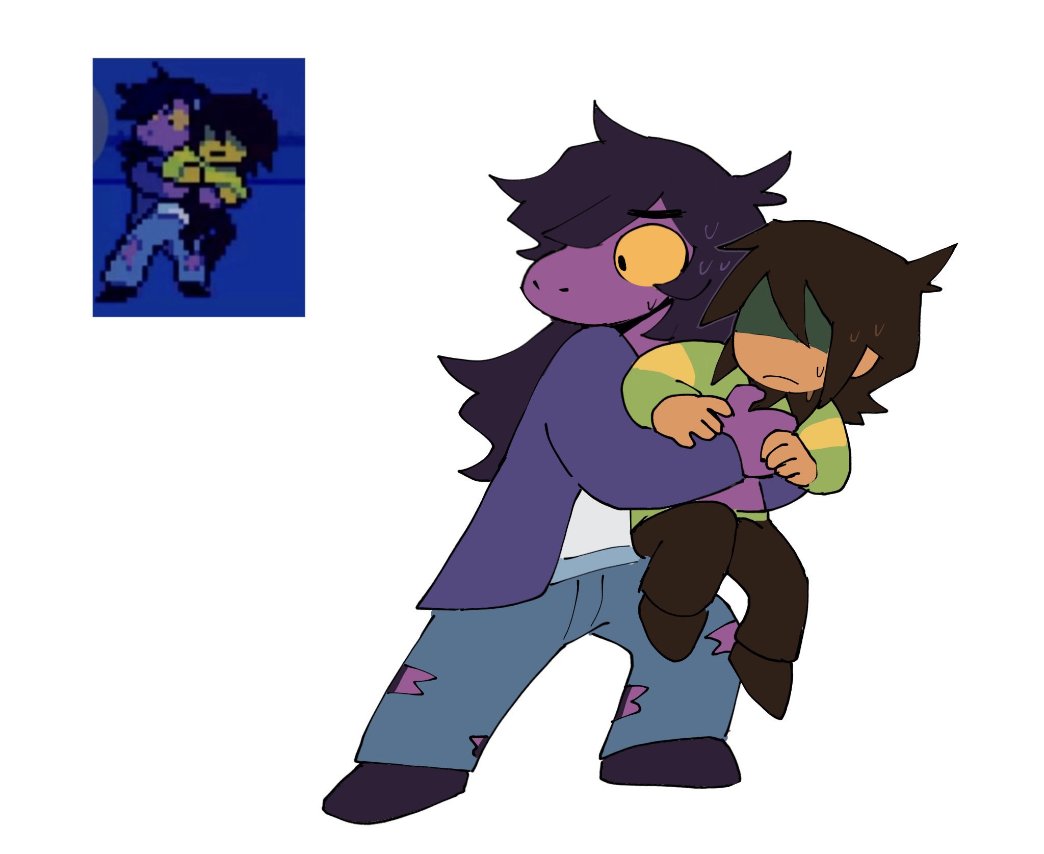 kris (deltarune), susie (deltarune), deltarune, utdr (toby fox), commentary, derivative work, english commentary, highres, screenshot redraw, 1girl, 1other, black eyes, black shoes, blue pants, brown hair, brown pants, brown shoes, carrying, carrying person, closed mouth, colored sclera, colored skin, denim, full body, green sweater, hair between eyes, hands up, jacket, long hair, long sleeves, monster girl, no eyes, open clothes, open jacket, pants, purple hair, purple jacket, purple skin, queen pilled, shaded face, shirt, shoes, short hair, simple background, single stripe, standing, striped clothes, striped sweater, sweat, sweater, t-shirt, tan, white background, white shirt, yellow sclera