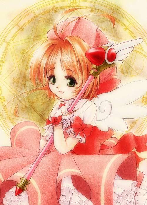 tom (1art.), kinomoto sakura, kinomoto sakura (magician), cardcaptor sakura, jpeg artifacts, 1990s (style), 1girl, beret, blush, brown eyes, child, cowboy shot, dress, female focus, fuuin no tsue, hat, holding, looking at viewer, magical girl, orange hair, pink hat, red dress, retro artstyle, solo, staff, tareme, wand, wrist cuffs