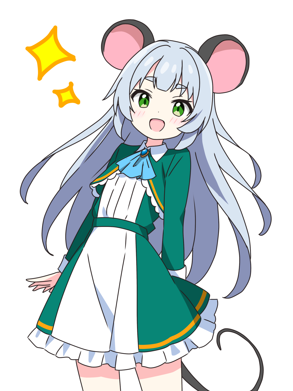 kotatsu-mazoku, original, commentary request, highres, 1girl, :d, animal ears, ascot, blue ascot, blush, cowboy shot, dot nose, dress, frilled dress, frills, green dress, green eyes, grey hair, long hair, long sleeves, looking at viewer, mouse ears, mouse girl, mouse tail, open mouth, simple background, smile, solo, sparkle, tail, thick eyebrows, white background