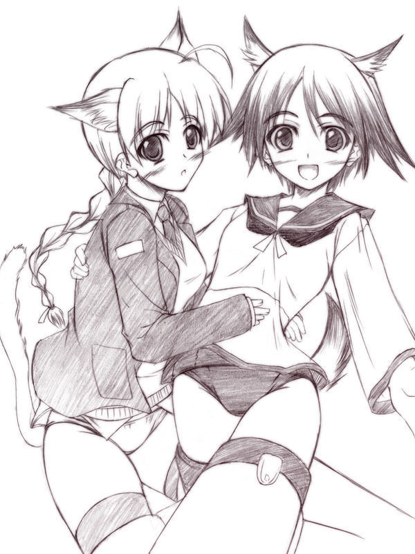 akimoto dai, lynette bishop, miyafuji yoshika, strike witches, world witches series, 00s, 2girls, animal ears, blush, braid, cat ears, cat tail, greyscale, long hair, monochrome, multiple girls, no pants, one-piece swimsuit, panties, school swimsuit, school uniform, short hair, single braid, striker unit, swimsuit, swimsuit under clothes, tail, underwear