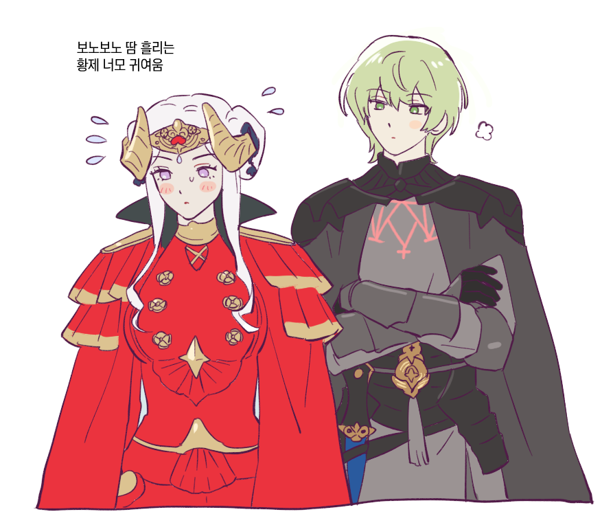edelgard von hresvelg, edelgard von hresvelg (timeskip), male byleth (awakened) (fire emblem), male byleth (fire emblem), fire emblem, fire emblem: three houses, nintendo, korean commentary, translation request, 1boy, 1girl, armor, black armor, black cape, blush, breasts, cape, closed mouth, crossed arms, dagger, dress, fake horns, green eyes, green hair, horns, knife, korean text, looking at another, medium breasts, puff of air, purple eyes, red dress, saejib1, short hair, simple background, sweatdrop, weapon, white background, white hair