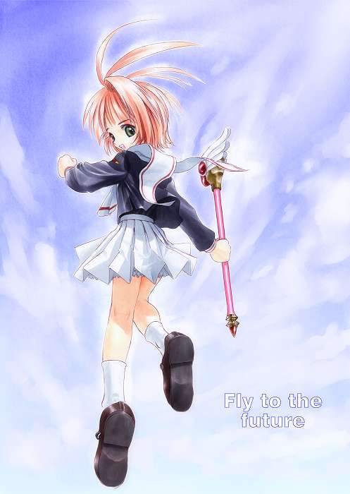 tom (1art.), kinomoto sakura, cardcaptor sakura, 1990s (style), 1girl, brown hair, child, day, english text, female focus, from behind, full body, fuuin no tsue, green eyes, looking back, magical girl, mary janes, retro artstyle, school uniform, serafuku, shoes, skirt, sky, solo, staff, tomoeda middle school uniform