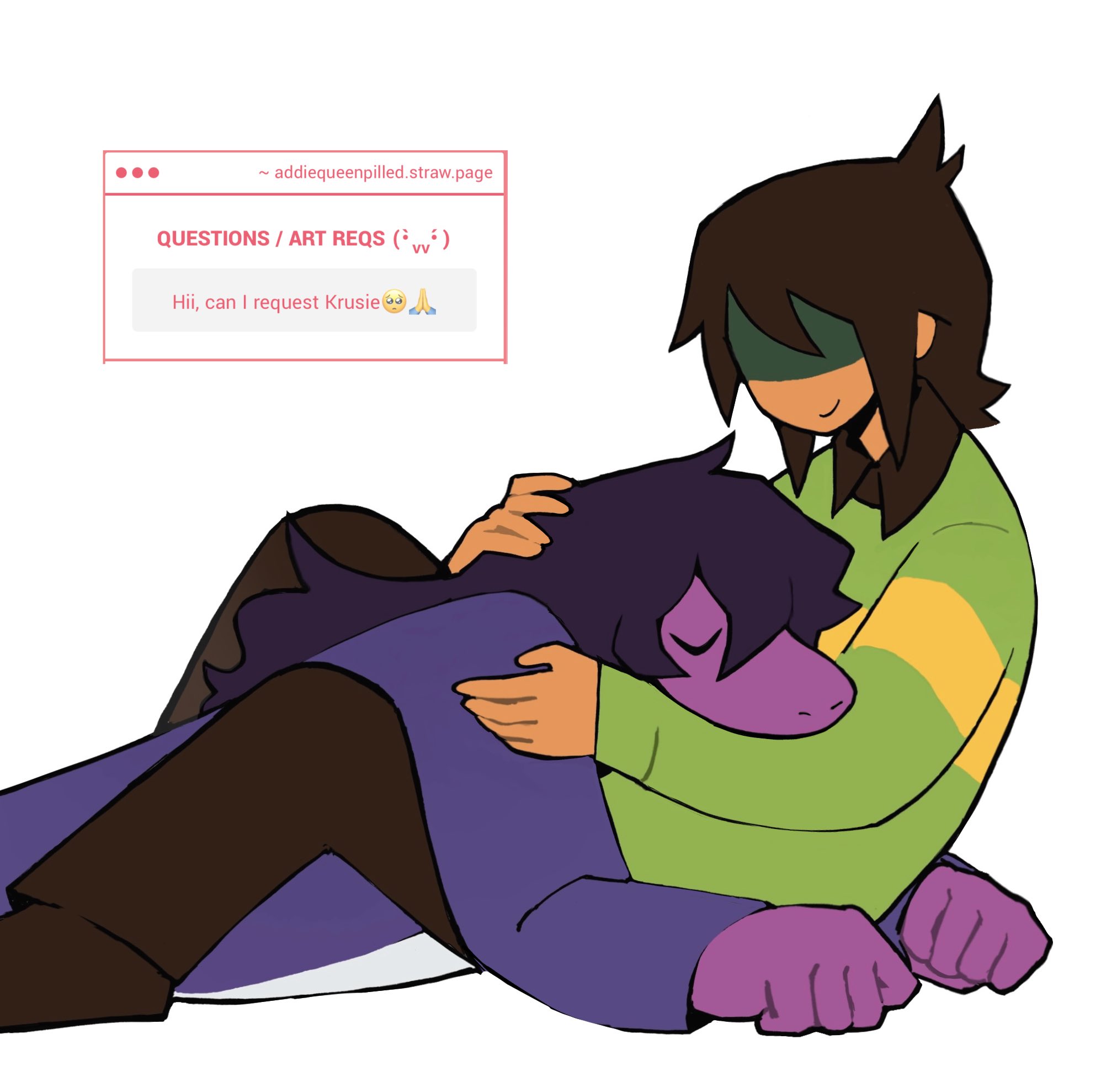 kris (deltarune), susie (deltarune), deltarune, utdr (toby fox), highres, 1girl, 1other, brown hair, brown pants, brown shoes, clenched hands, closed eyes, closed mouth, collared sweater, colored skin, covered mouth, english text, green sweater, hair between eyes, hand on another's head, hand on another's shoulder, hug, jacket, long hair, long sleeves, lying, monster girl, no eyes, on stomach, other with female, pants, purple hair, purple jacket, purple skin, queen pilled, shaded face, shoes, short hair, simple background, single stripe, sitting, sleeping, smile, striped clothes, striped sweater, sweater, tan, white background