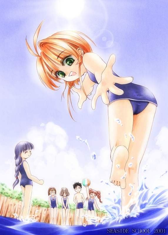 tom (1art.), daidouji tomoyo, kinomoto sakura, mihara chiharu, sasaki rika, yamazaki takashi, yanagisawa naoko, cardcaptor sakura, 1990s (style), 1boy, 5girls, ball, barefoot, beach, beachball, black hair, blue hair, braid, brown hair, child, day, fisheye, glasses, green eyes, lens flare, looking back, multiple girls, ocean, one-piece swimsuit, outstretched arm, outstretched hand, reaching, retro artstyle, school swimsuit, sky, splashing, sun, swimsuit, twintails, water