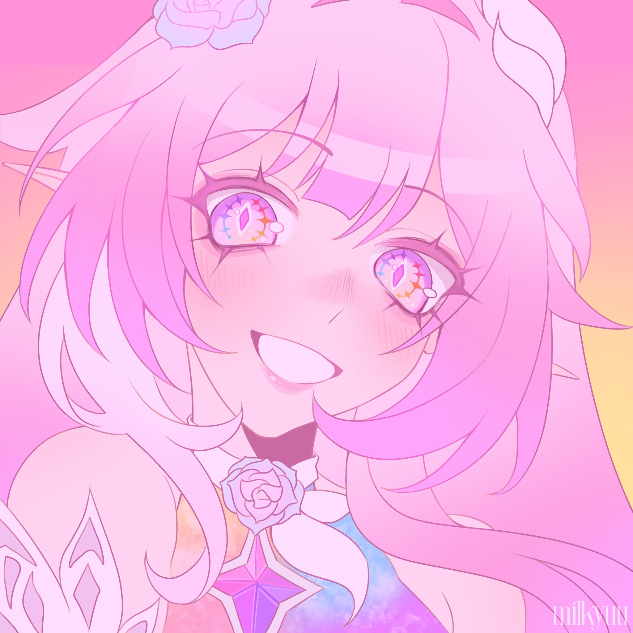 cyrene (honkai: star rail), cyrene (ripples of past reverie) (honkai: star rail), honkai: star rail, honkai (series), highres, :d, bare shoulders, blush, diamond-shaped pupils, diamond (shape), flower, hair flower, hair ornament, long hair, milkyuu, multicolored eyes, multicolored hair, open mouth, pink hair, purple eyes, smile, streaked hair, symbol-shaped pupils, twitter username