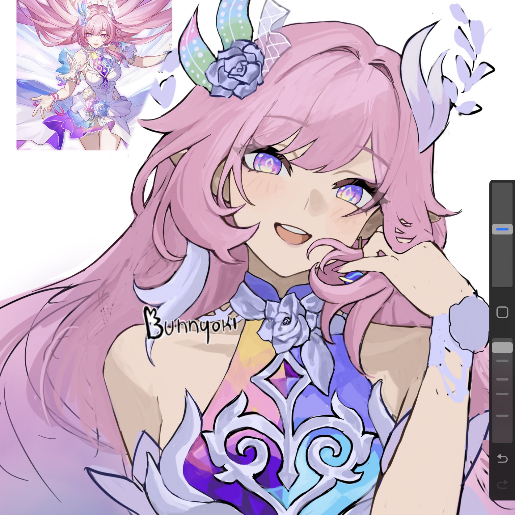 bunnyoki, cyrene (honkai: star rail), cyrene (ripples of past reverie) (honkai: star rail), honkai: star rail, honkai (series), commentary, highres, unfinished, 1girl, :d, artist name, bare shoulders, hair intakes, hair ornament, head tilt, long hair, looking at viewer, multiple views, open mouth, pink hair, purple eyes, signature, sleeveless, smile, upper body, very long hair, white background