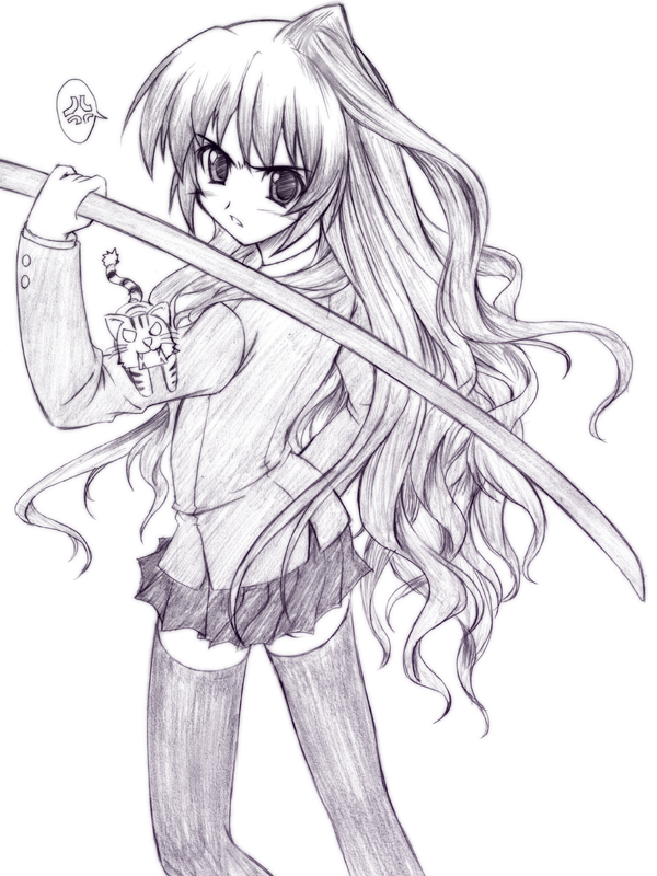 akimoto dai, aisaka taiga, original, toradora!, 00s, 1girl, blush, bokken, cat, female focus, long hair, monochrome, purple theme, school uniform, skirt, solo, sword, thighhighs, weapon, wooden sword, zettai ryouiki