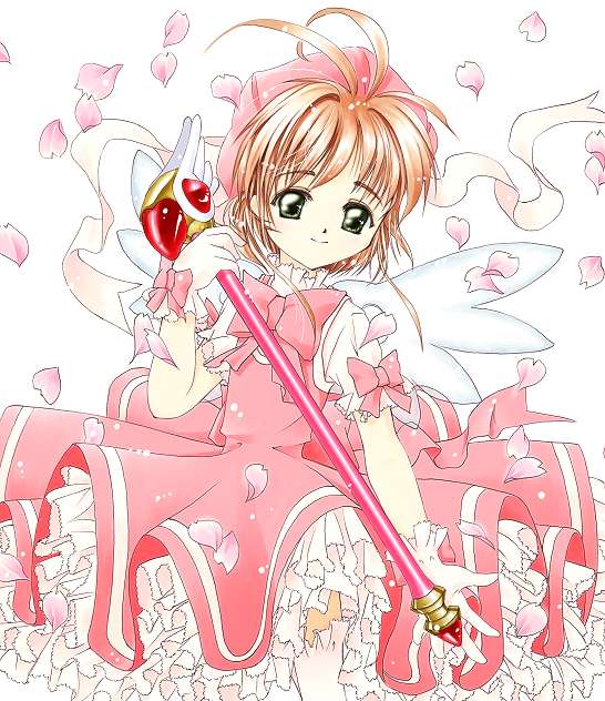 tom (1art.), kinomoto sakura, kinomoto sakura (magician), cardcaptor sakura, jpeg artifacts, 1990s (style), 1girl, bow, brown hair, child, dress, female focus, frilled dress, frills, fuuin no tsue, glove bow, gloves, hat, magical girl, petals, petticoat, pink bow, pink hat, retro artstyle, ribbon, rod, short hair, solo, white gloves, wings