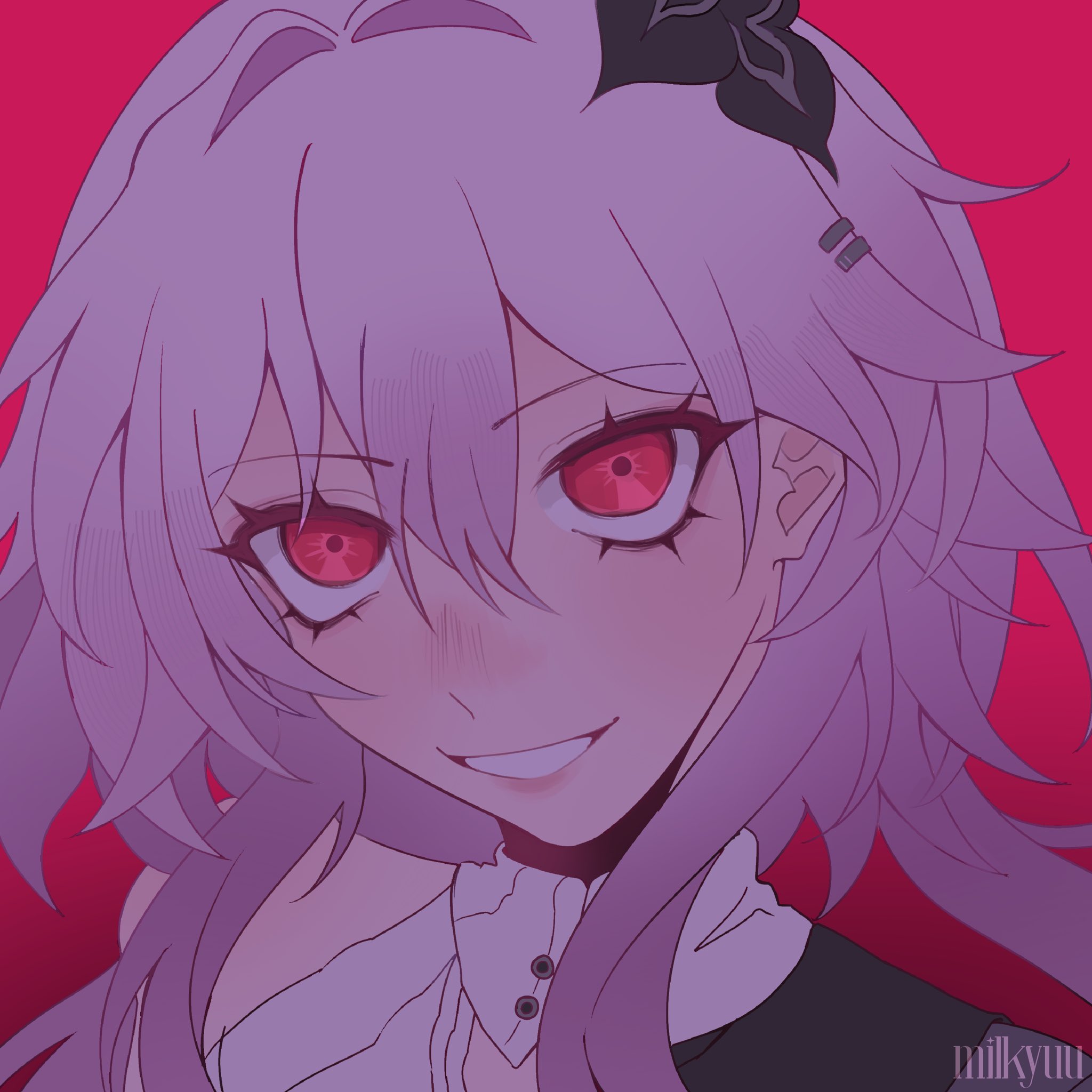 evernight (honkai: star rail), march 7th (honkai: star rail), honkai: star rail, honkai (series), highres, :d, black flower, buttons, collar, flower, hair between eyes, hair flower, hair ornament, hairclip, long hair, milkyuu, open mouth, parallel hairclips, pink hair, red background, red eyes, single bare shoulder, smile, white collar