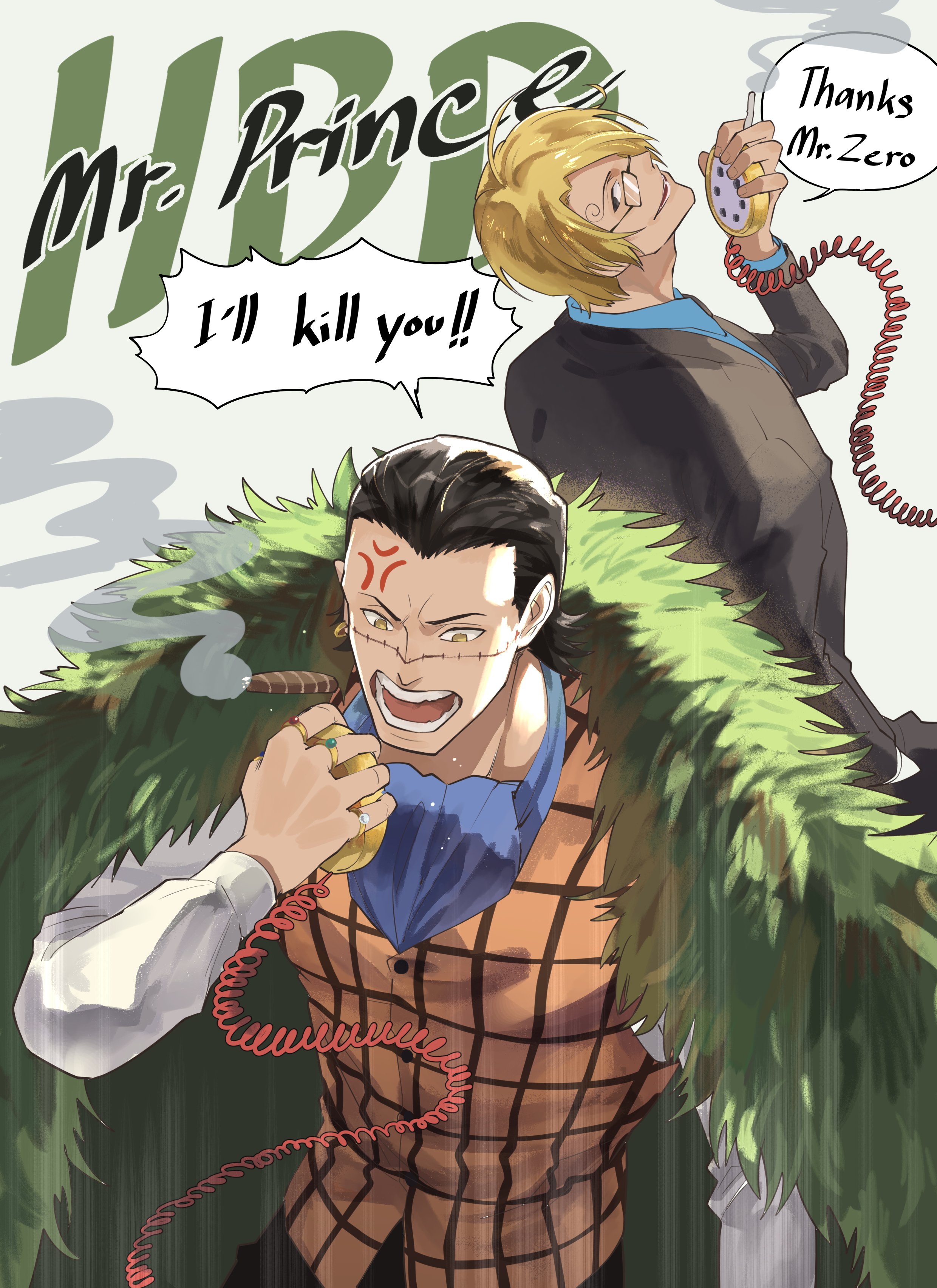 ngumngim, crocodile (one piece), sanji (one piece), one piece, absurdres, highres, 2boys, angry, ascot, black hair, black jacket, blonde hair, blue ascot, blue shirt, cape, cigar, english text, fur cape, jacket, jewelry, male focus, multiple boys, multiple rings, open mouth, orange vest, rectangular eyewear, ring, shirt, speech bubble, talking on phone, vest