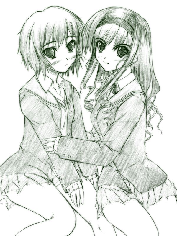 akimoto dai, morishima haruka, nanasaki ai, amagami, original, 2girls, blush, drill hair, green theme, hairband, headband, long hair, monochrome, multiple girls, school uniform, short hair, sitting, skirt