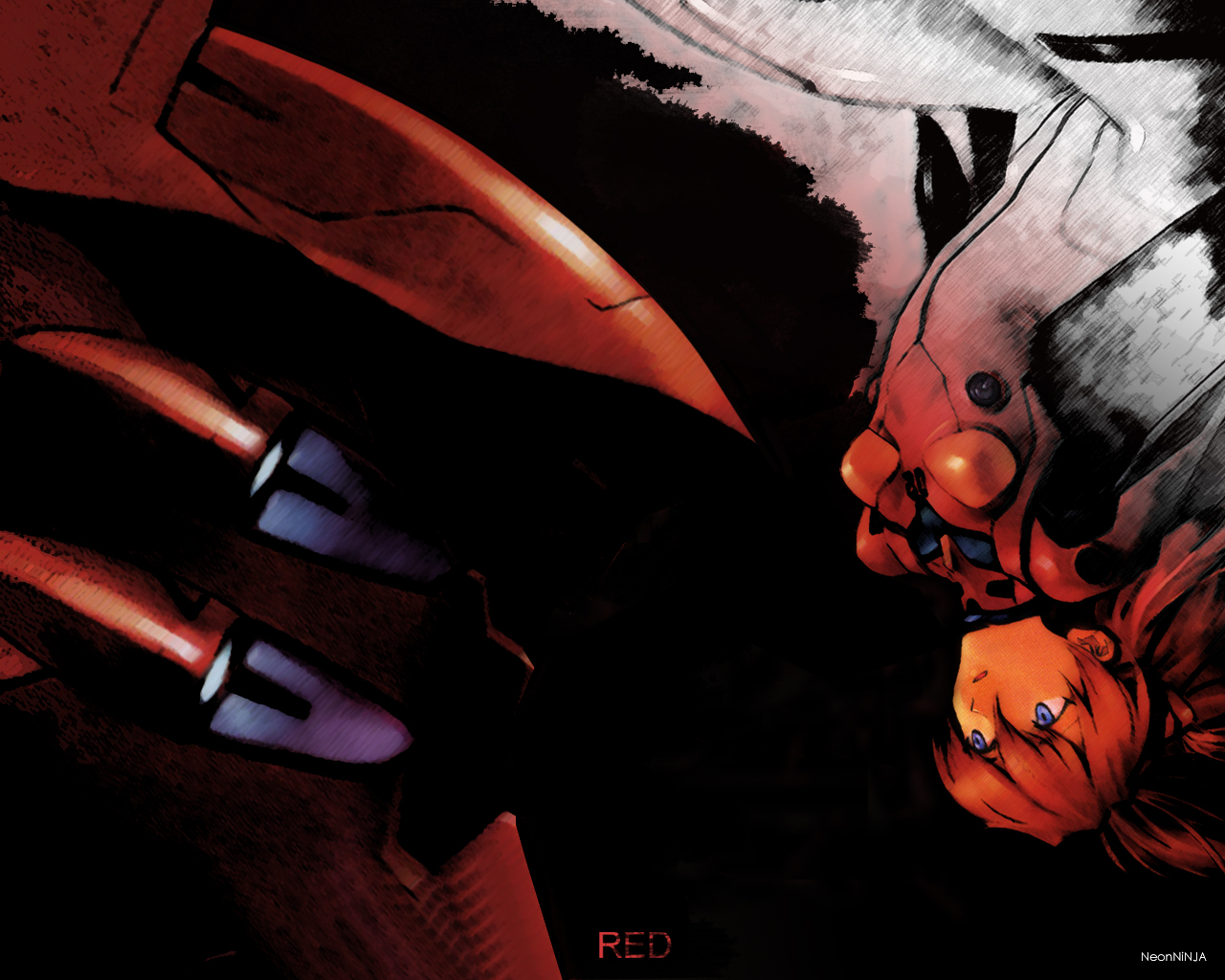 eva 02, souryuu asuka langley, neon genesis evangelion, 1girl, blue eyes, bodysuit, breasts, female focus, long hair, looking at viewer, mecha pilot suit, plugsuit (evangelion), small breasts, solo, upside-down, very long hair