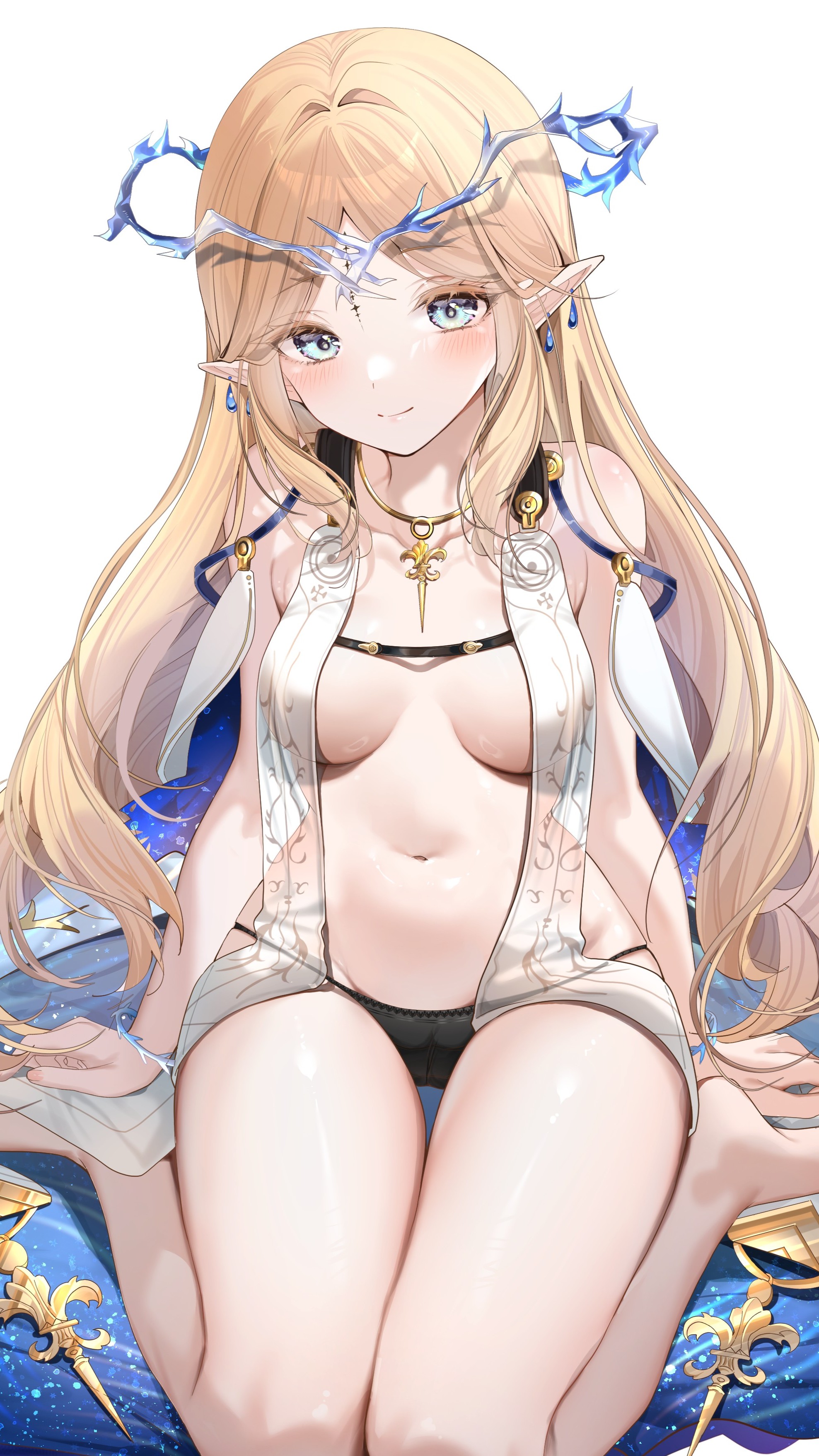 yukineko1018, cartethyia (wuthering waves), wuthering waves, absurdres, commentary, highres, 1girl, bare legs, barefoot, black panties, blonde hair, blue eyes, breast curtains, breasts, closed mouth, collarbone, crown of thorns, earrings, groin, hair intakes, jewelry, legs, light blush, long hair, looking at viewer, medium breasts, multiple earrings, navel, necklace, panties, parted bangs, pointy ears, sidelocks, simple background, sitting, smile, solo, stomach, tacet mark (wuthering waves), thighs, topless female, underwear, very long hair, wariza, white background