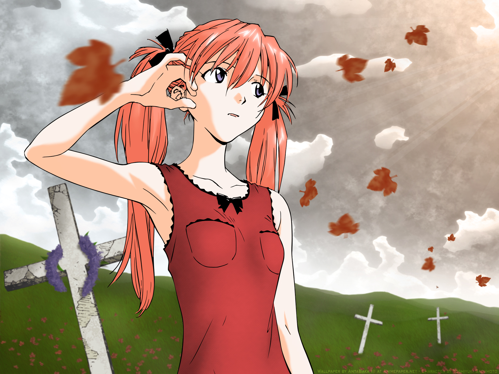 sadamoto yoshiyuki, souryuu asuka langley, neon genesis evangelion, highres, adjusting hair, armpits, beach, blurry, bow, cloud, collarbone, cross, day, depth of field, dress, field, from below, grass, grave, graveyard, hair ribbon, leaf, light rays, pink hair, pocket, purple eyes, red dress, ribbon, sky, solo, sunbeam, sundress, sunlight, tucking hair, twintails, wreath