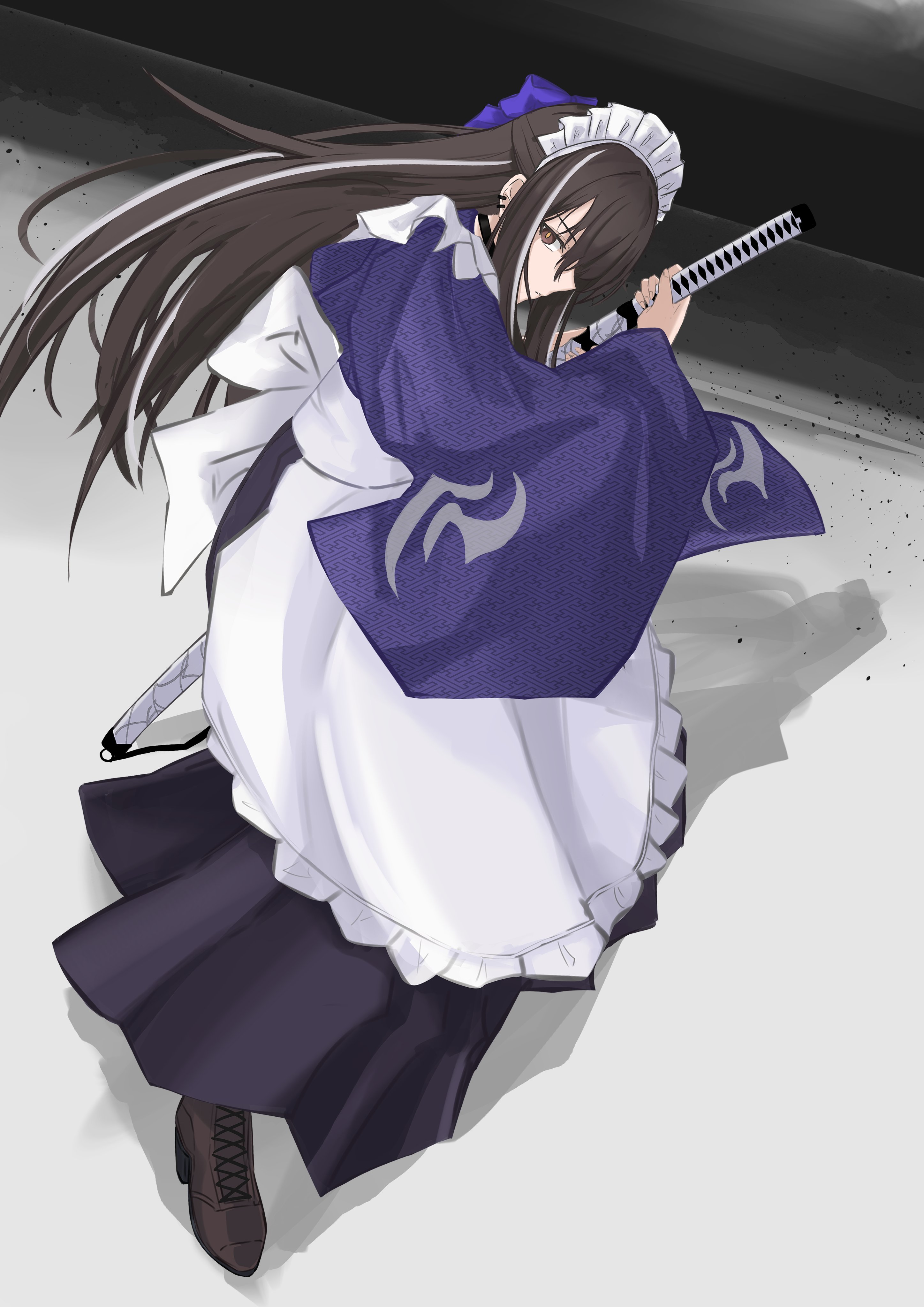 shuuka, kawakami gensai (fate), fate/grand order, fate (series), absurdres, highres, 1girl, apron, black hair, boots, brown eyes, ear piercing, grey background, high heel boots, high heels, holding, holding sword, holding weapon, katana, kawakami gensai (second ascension) (fate), long hair, maid, maid apron, maid headdress, piercing, sword, wa maid, weapon, wide sleeves
