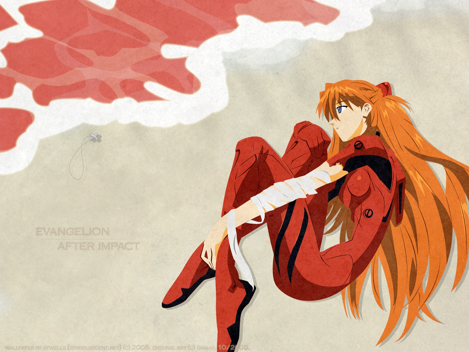 afwells, souryuu asuka langley, neon genesis evangelion, neon genesis evangelion (manga), derivative work, highres, vector trace, 1girl, bandaged arm, bandages, beach, blue eyes, bodysuit, breasts, copyright name, cross, cross necklace, dated, english text, female focus, fetal position, from above, from side, gloves, hair between eyes, hand on own knee, jewelry, large breasts, lcl, long hair, looking to the side, lying, mecha pilot suit, necklace, on ground, on side, orange hair, outdoors, parted lips, plantar flexion, plugsuit (evangelion), profile, red bodysuit, skinny, solo, torn bodysuit, torn clothes, turtleneck, two side up, unworn jewelry, unworn necklace, very long hair, watermark, web address
