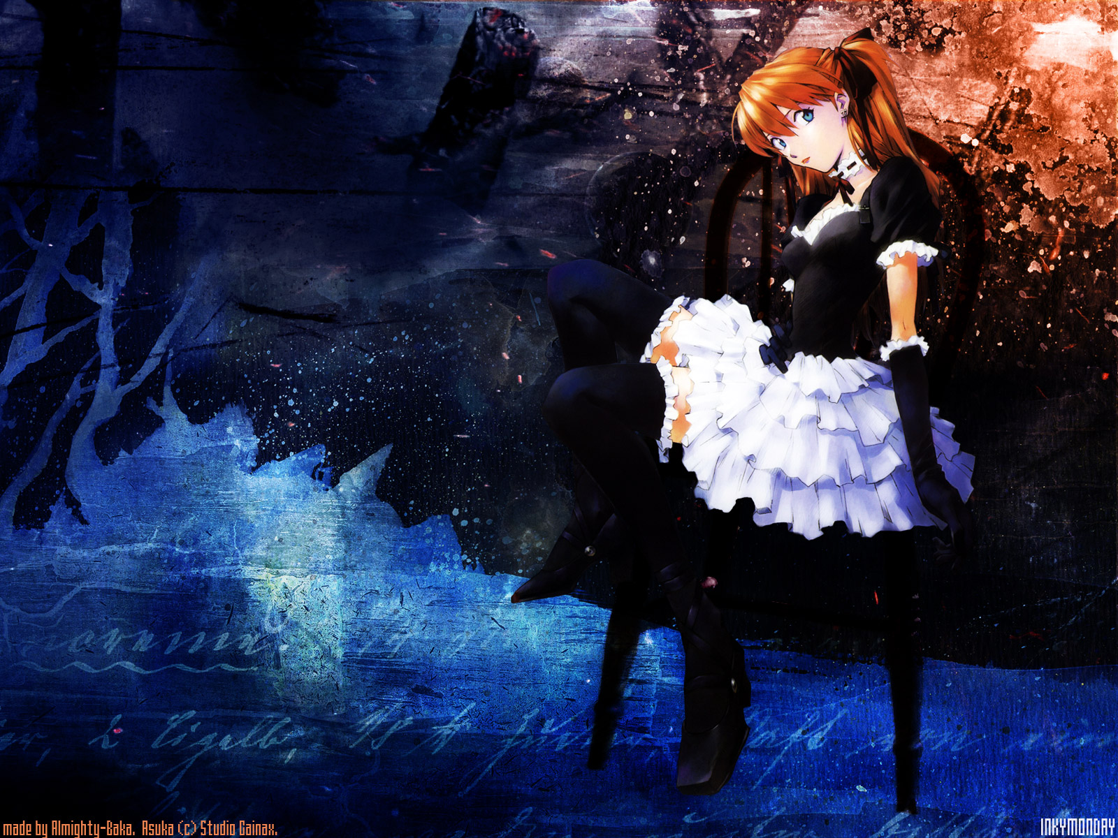 sadamoto yoshiyuki, souryuu asuka langley, neon genesis evangelion, highres, blonde hair, blue eyes, brown hair, goth fashion, gothic lolita, lolita fashion, long hair, maid, red hair, solo, thighhighs