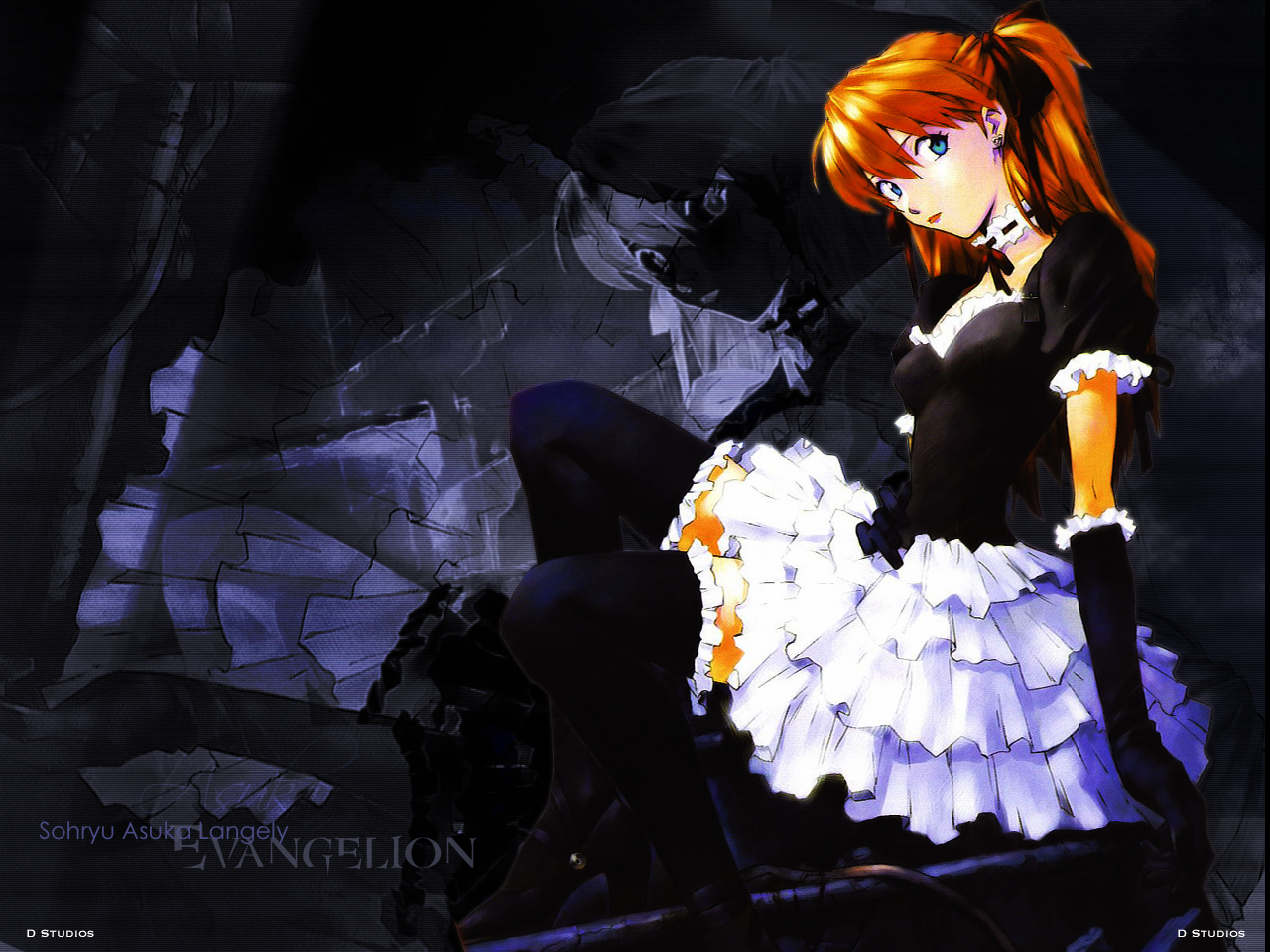 sadamoto yoshiyuki, souryuu asuka langley, neon genesis evangelion, cleaned, 1girl, blonde hair, blue eyes, brown hair, female focus, goth fashion, lolita fashion, maid, solo, thighhighs