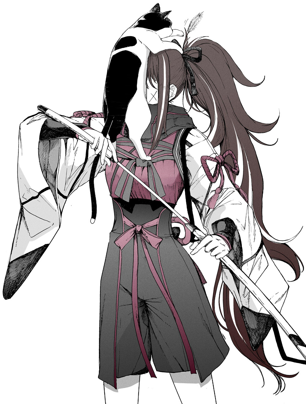 syatey, kawakami gensai (fate), fate/grand order, fate (series), highres, 1girl, black hair, cat, holding, holding sheath, holding sword, holding weapon, japanese clothes, long hair, ponytail, scarf, sheath, solo, sword, weapon, white hair