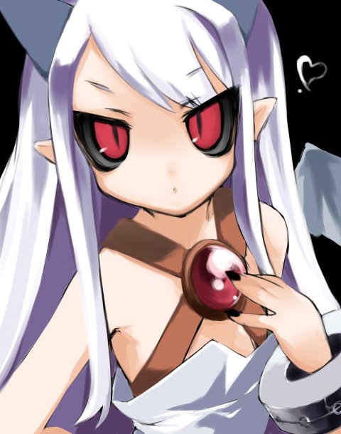 kooriyama ichi, kooriyama ichirou, pram (phantom kingdom), disgaea, nippon ichi, phantom kingdom, bad id, bad pixiv id, 1girl, bat wings, black sclera, colored sclera, cuffs, female focus, flat chest, horns, long hair, o o, pointy ears, red eyes, shackles, simple background, solo, white hair, wings