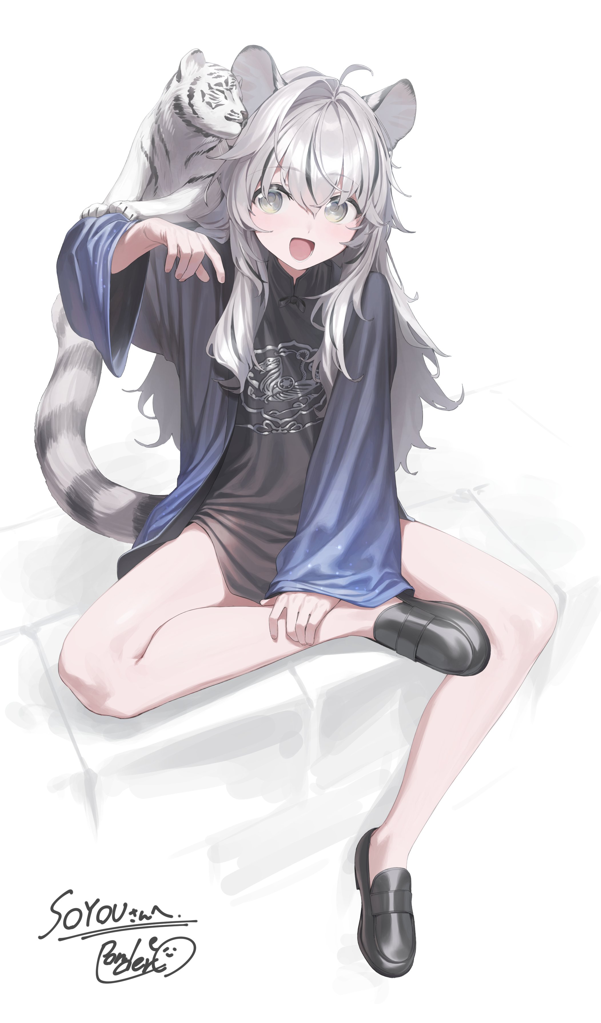 ponderogen, vrchat, absurdres, commission, highres, skeb commission, 1girl, :d, animal, animal ears, animal on shoulder, bare legs, black hair, black shirt, black shoes, full body, grey hair, hanten (clothes), long hair, looking at viewer, multicolored hair, no pants, open clothes, open mouth, shirt, shoes, sitting, smile, spread legs, streaked hair, tail, tiger, tiger ears, tiger girl, tiger tail, white tiger, wide sleeves