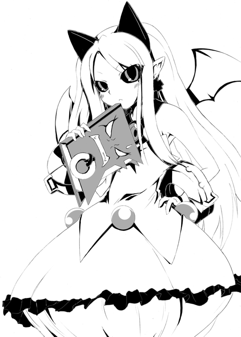 pram (phantom kingdom), zetta (phantom kingdom), disgaea, nippon ichi, phantom kingdom, 1girl, bat wings, bubble skirt, cuffs, dress, greyscale, horns, monochrome, shackles, skirt, wings