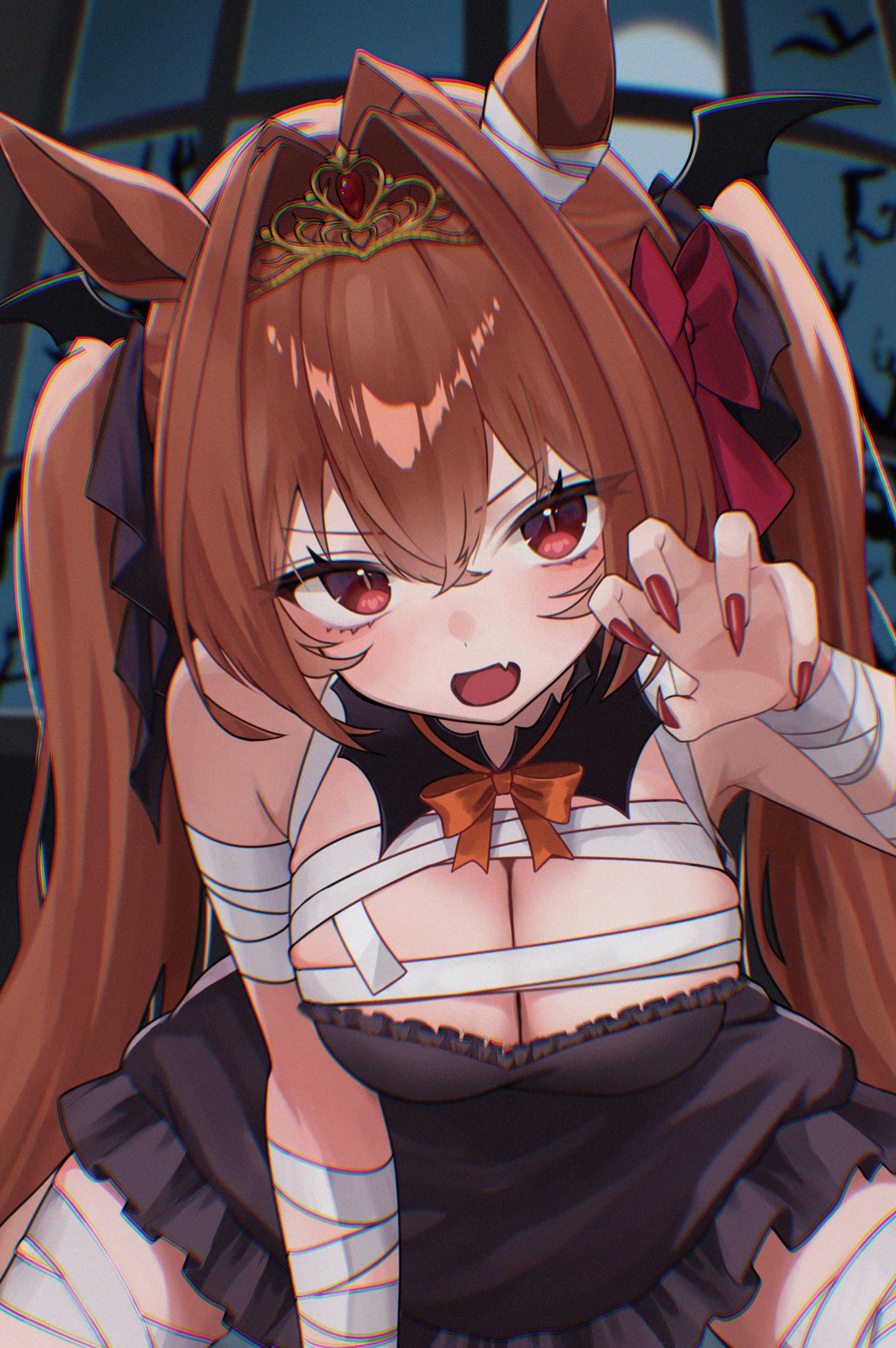 yamaro (yamaro0), daiwa scarlet (umamusume), umamusume, commentary, highres, symbol-only commentary, 1girl, alternate costume, animal ears, antenna hair, bandaged arm, bandaged chest, bandaged wrist, bandages, bare shoulders, black dress, blush, breasts, brown hair, claw pose, cleavage, crossed bangs, dress, fang, fingernails, frilled dress, frills, hair between eyes, hair intakes, horse ears, horse girl, large breasts, long hair, looking at viewer, nail polish, open mouth, red eyes, red nails, skin fang, sleeveless, sleeveless dress, solo, tiara, very long hair