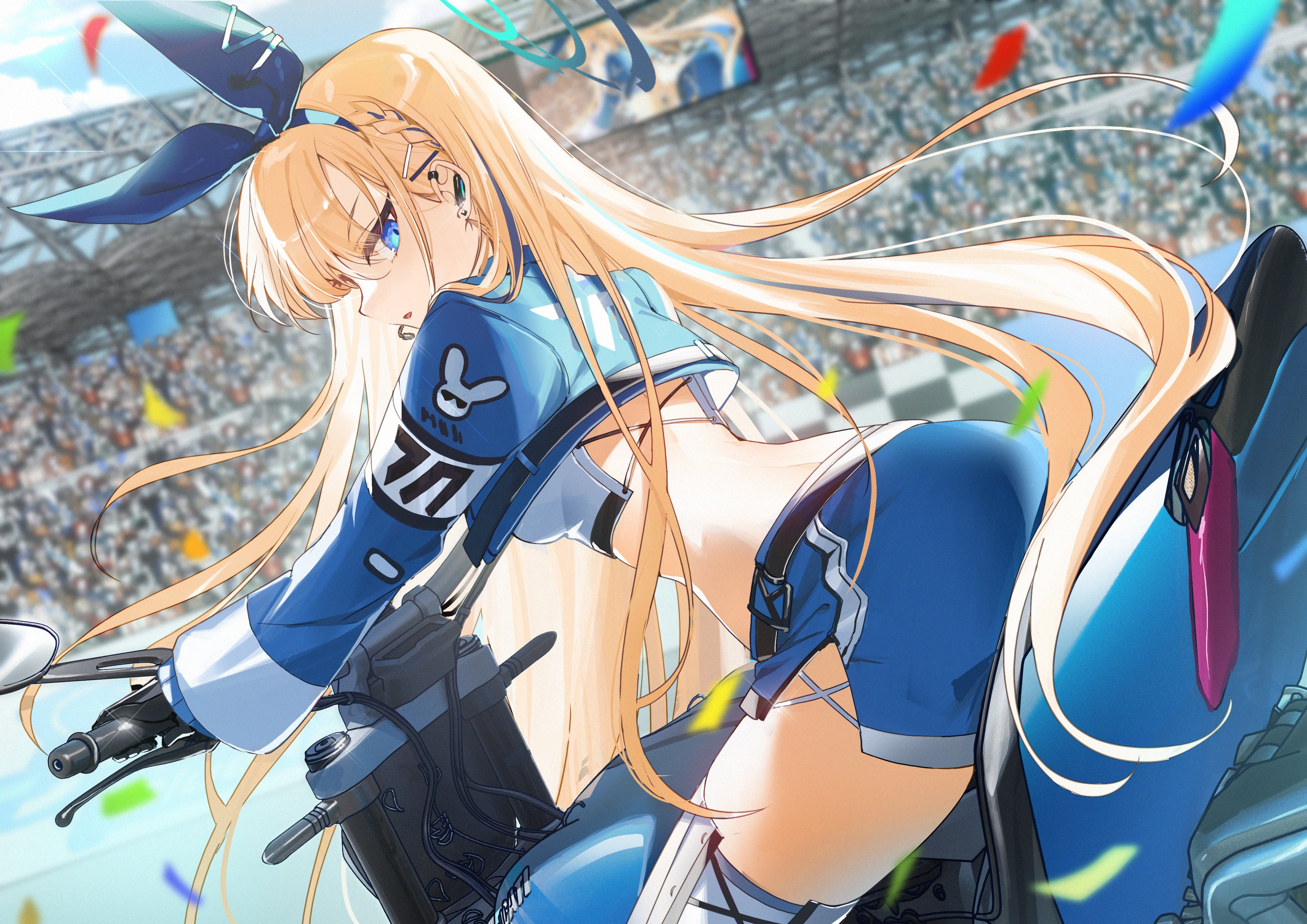 b soyo1, toki (blue archive), blue archive, absurdres, commentary, highres, 1girl, black gloves, blonde hair, blue eyes, blue hairband, blue halo, bow hairband, crop top, cropped shirt, gloves, hairband, halo, long hair, long sleeves, looking back, motor vehicle, motorcycle, parted lips, shirt, solo, thighhighs, white shirt, white thighhighs