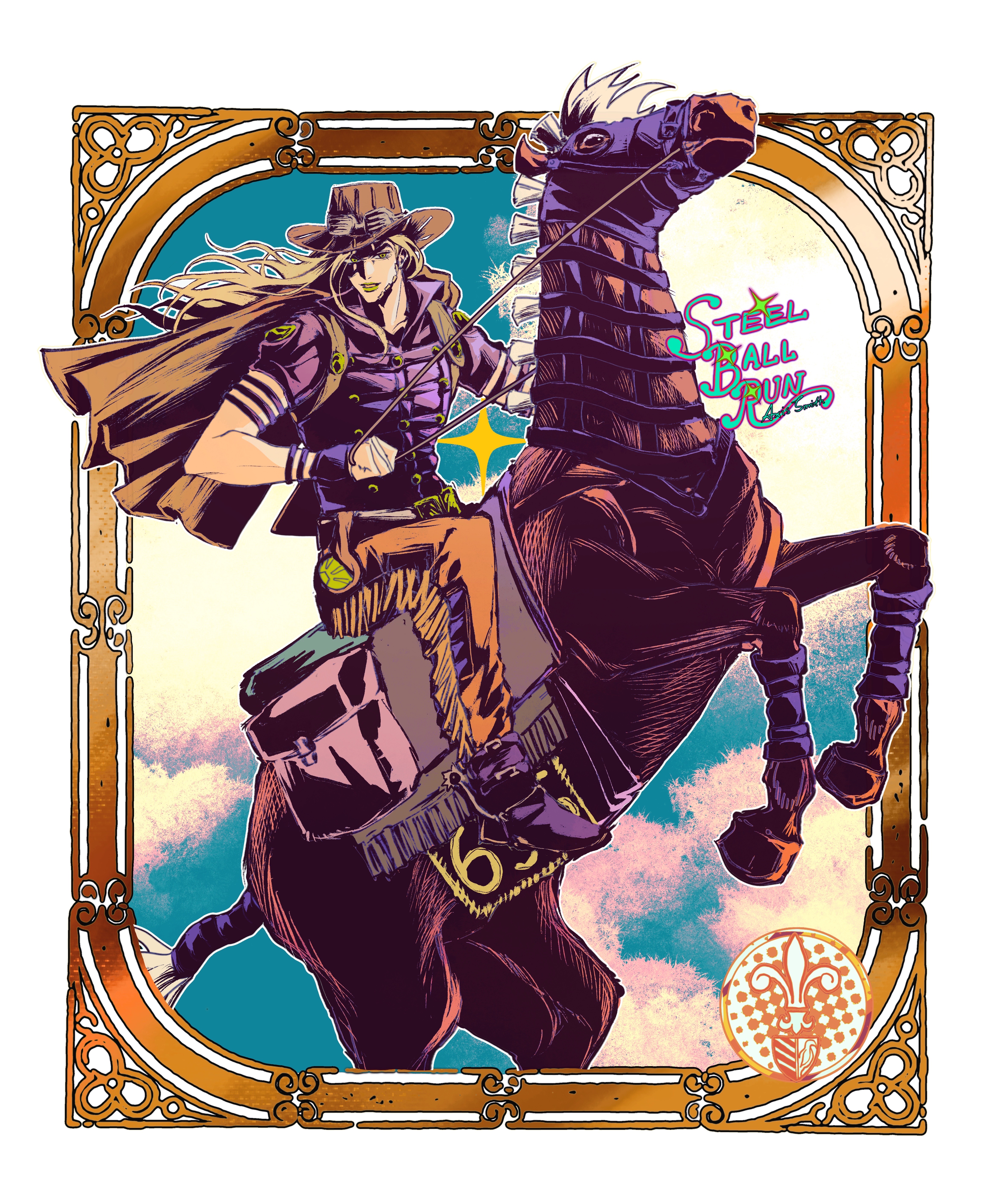 gyro zeppeli, valkyrie (jojo), jojo no kimyou na bouken, steel ball run, absurdres, commentary request, highres, procreate (medium), 1boy, axis smith, ball, blonde hair, border, bridle, brown capelet, brown hat, capelet, copyright name, cowboy hat, goggles, goggles on headwear, green eyes, green lips, hat, holding, holding reins, horse, horseback riding, inset border, long hair, male focus, ornate border, parted lips, reins, riding, saddle, solo, spurs, stirrups (riding)
