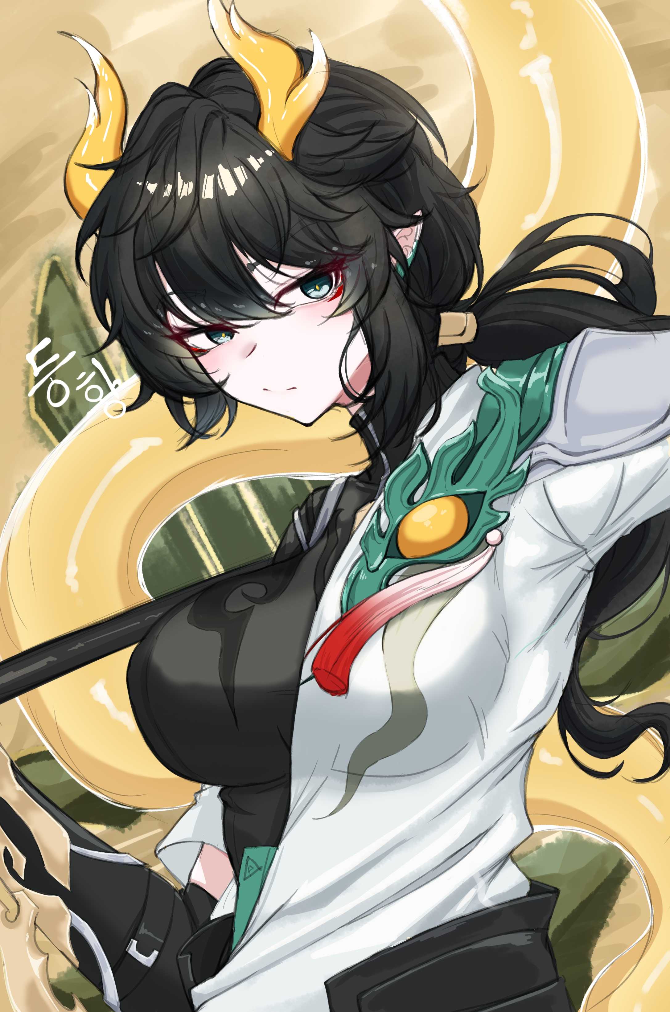 dan heng (honkai: star rail), dan heng (permansor terrae) (honkai: star rail), honkai: star rail, honkai (series), absurdres, highres, 1girl, black hair, black shirt, breasts, genderswap, genderswap (mtf), grey eyes, horns, large breasts, long hair, looking at viewer, minpyeong, pointy ears, robe, shirt, solo, upper body, white robe